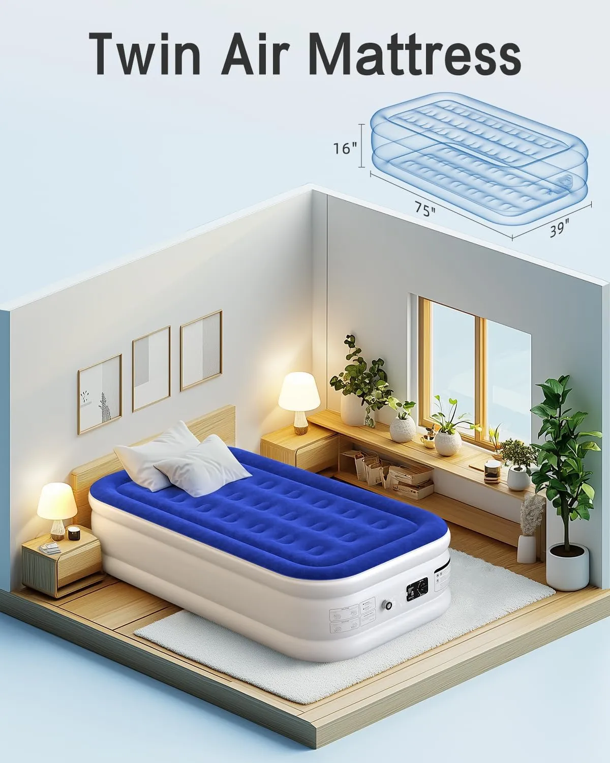 Twin Air Mattress with Built in Pump Luxurious Comfort 16" Raised Inflatable Mattress Twin Airbed Blow Up Mattress for Home and Guests 75"*39"*16"Air Bed 2 Mins Fast Inflate/Deflate 330 lbs Max