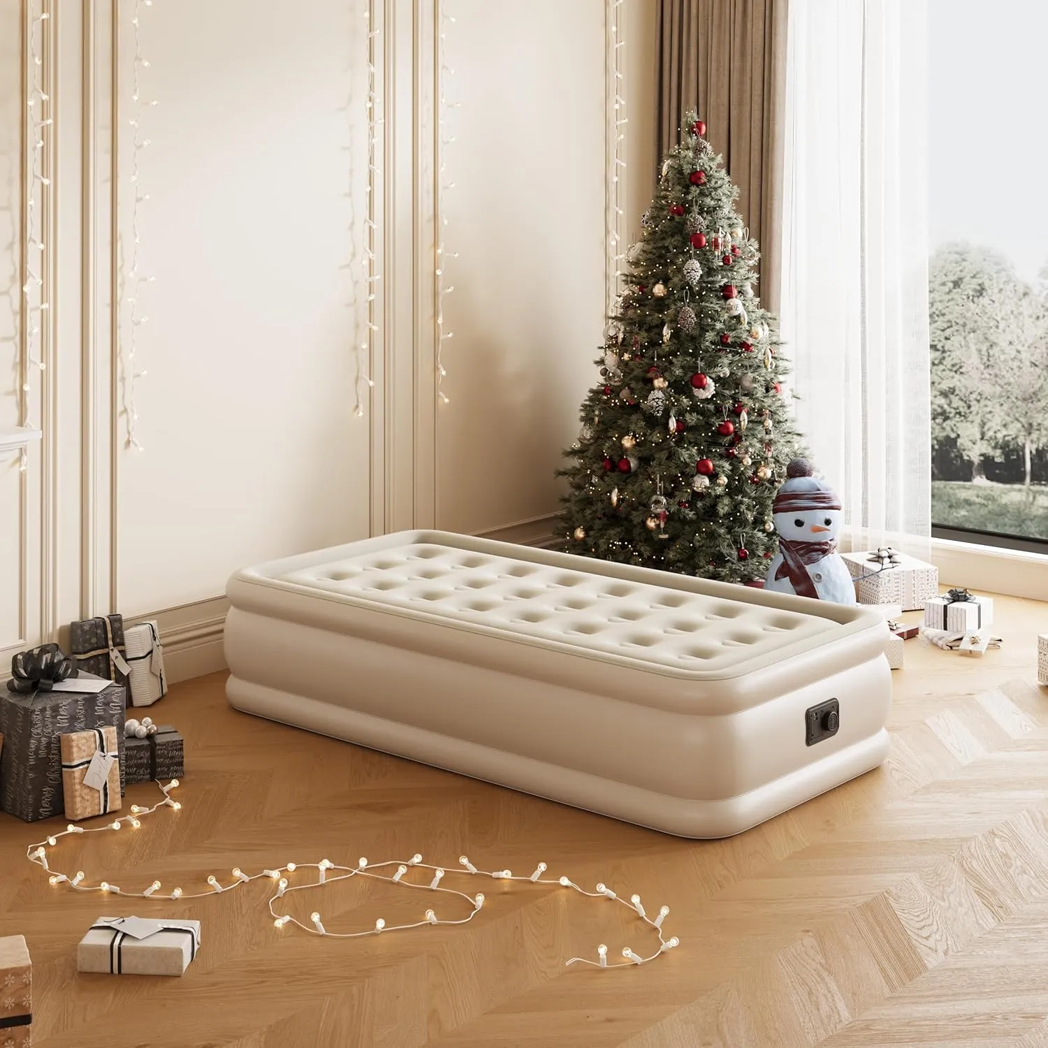 Twin Air Mattress with Built-in Pump, Single Air Bed with Portable Storage Bag, 18'' Blow up Mattress Suitable for Home and Guests, Top Flocking, 18" Twin Yellowish Brown