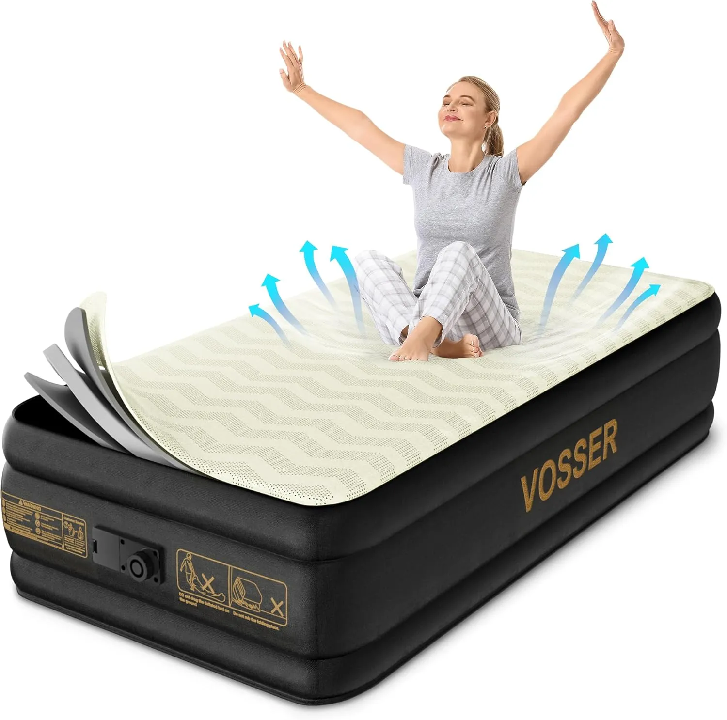 Twin Air Mattress with Built-in Pump,18'' Foam Topper Blow Up Mattress,Luxury Inflatable Mattress 2 Mins Self-Inflation/Deflation - Breathable and Flatness-Free for Camping, Home & Guests
