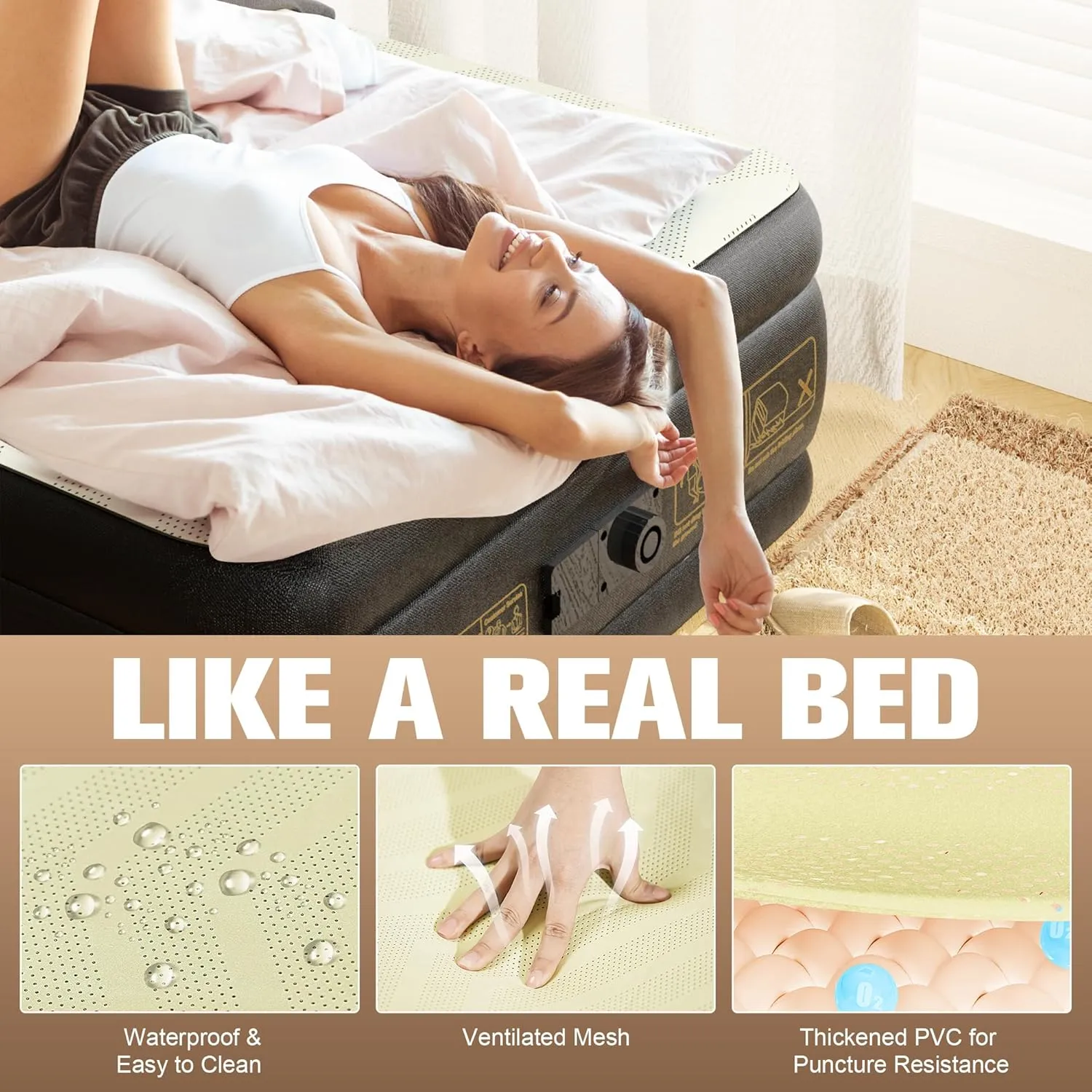 Twin Air Mattress with Built-in Pump,18'' Foam Topper Inflatable Mattress,Luxury Blow Up Mattress 2 Mins Self-Inflation/Deflation - Breathable and Wrinkle-Free for Camping, Home & Guests