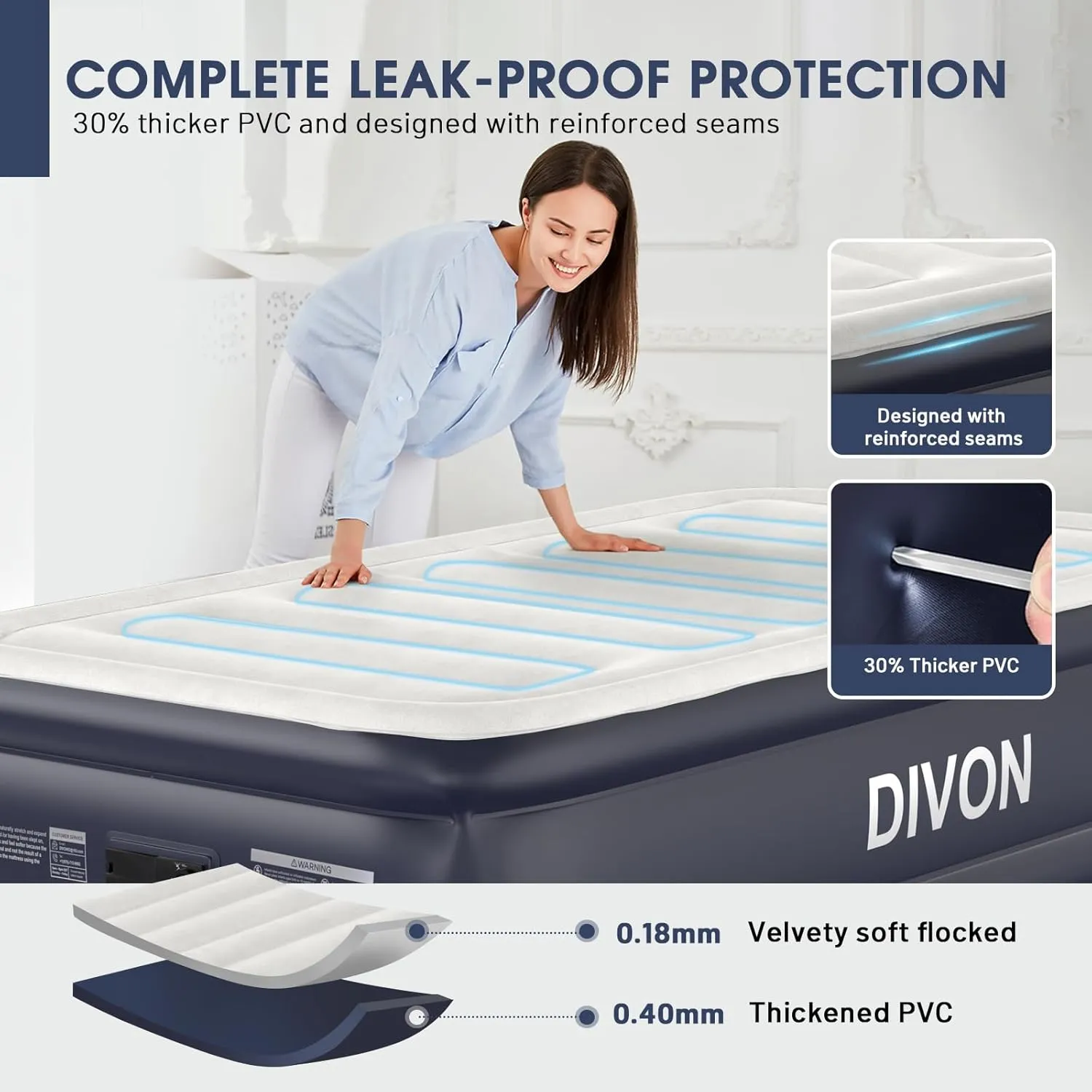 Twin Air Mattress with Built-in Pump,18''Raised Blow Up Mattress 2 Mins Self Inflation/Deflation,Upgraded Thicker Inflatable Mattress，Flocked Top Air Bed with Storage Bag for Guests,Home，Camping