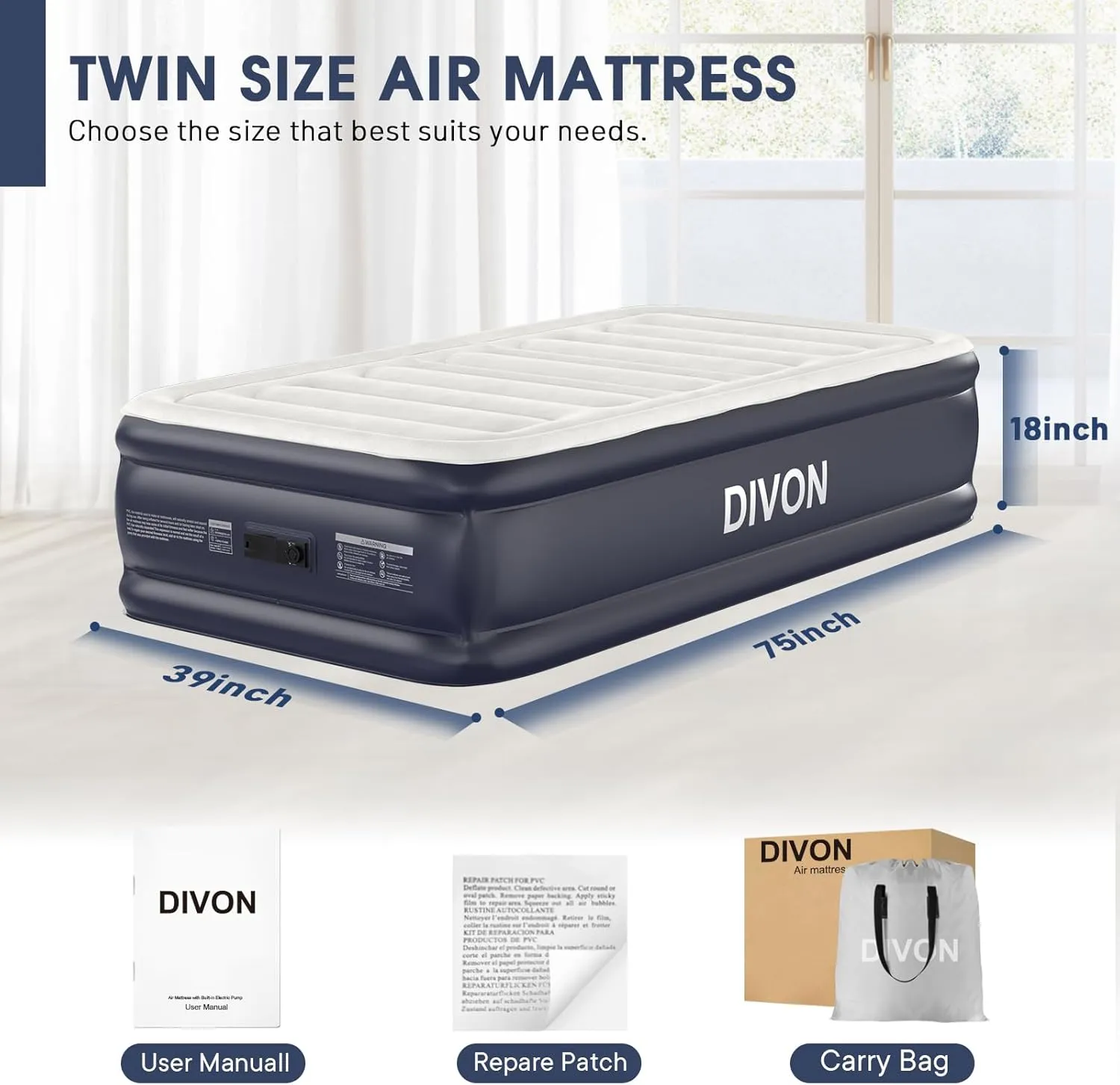 Twin Air Mattress with Built-in Pump,18''Raised Blow Up Mattress 2 Mins Self Inflation/Deflation,Upgraded Thicker Inflatable Mattress，Flocked Top Air Bed with Storage Bag for Guests,Home，Camping