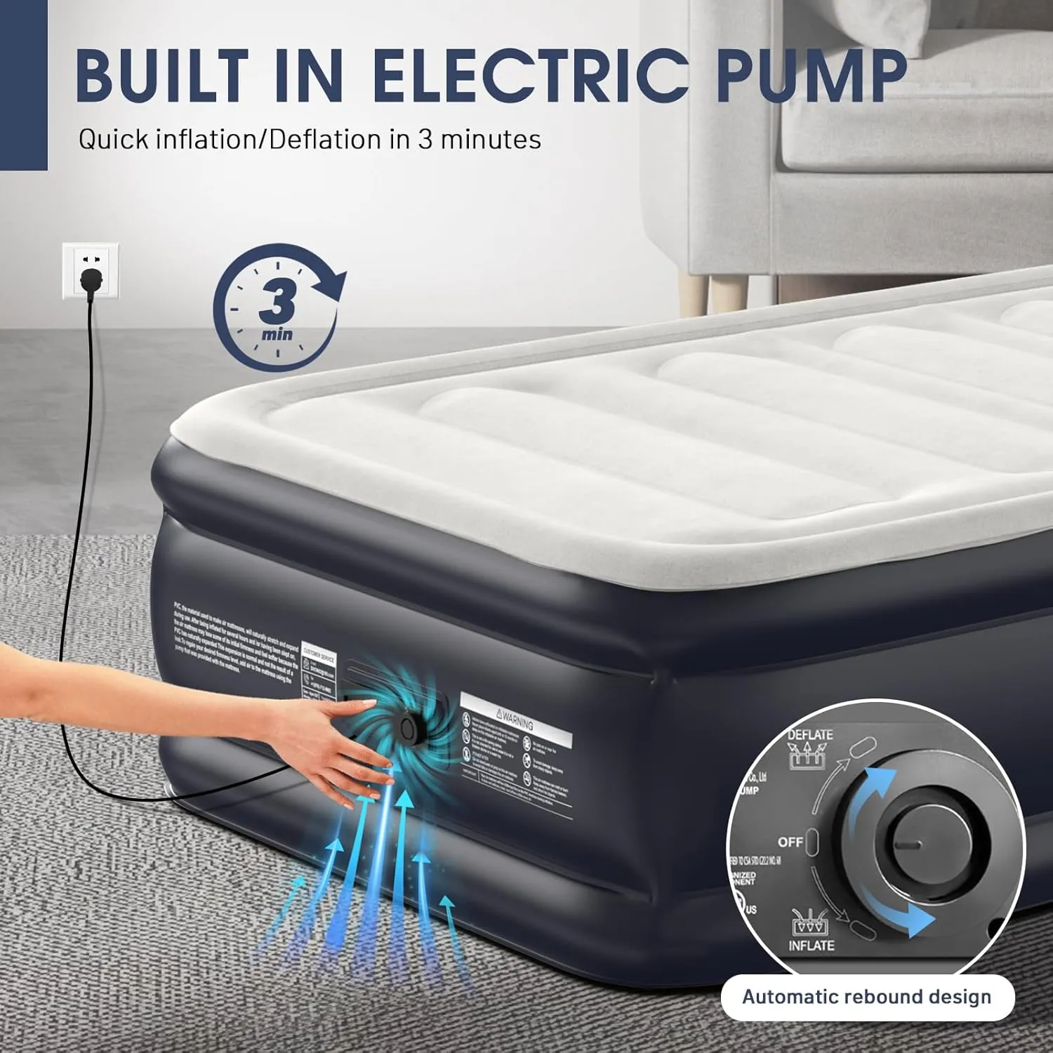 Twin Air Mattress with Built-in Pump,18''Raised Blow Up Mattress 2 Mins Self Inflation/Deflation,Upgraded Thicker Inflatable Mattress，Flocked Top Air Bed with Storage Bag for Guests,Home，Camping