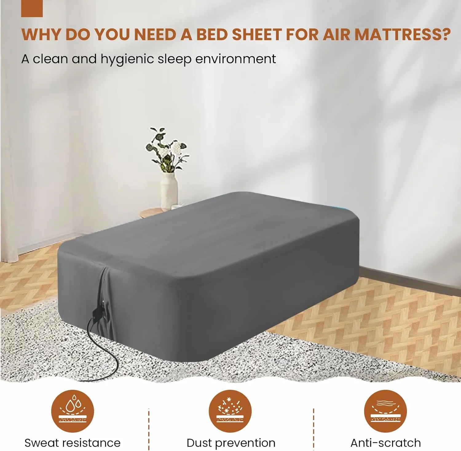Twin Sheet for Air Mattress, 18'' Deep Soft Air Mattress Sheets- Inflatable Without Removal, Breathable Air Bed Mattress Cover Topper Protector, Fitted Sheet Full with Elastic Loop Hem, Gray