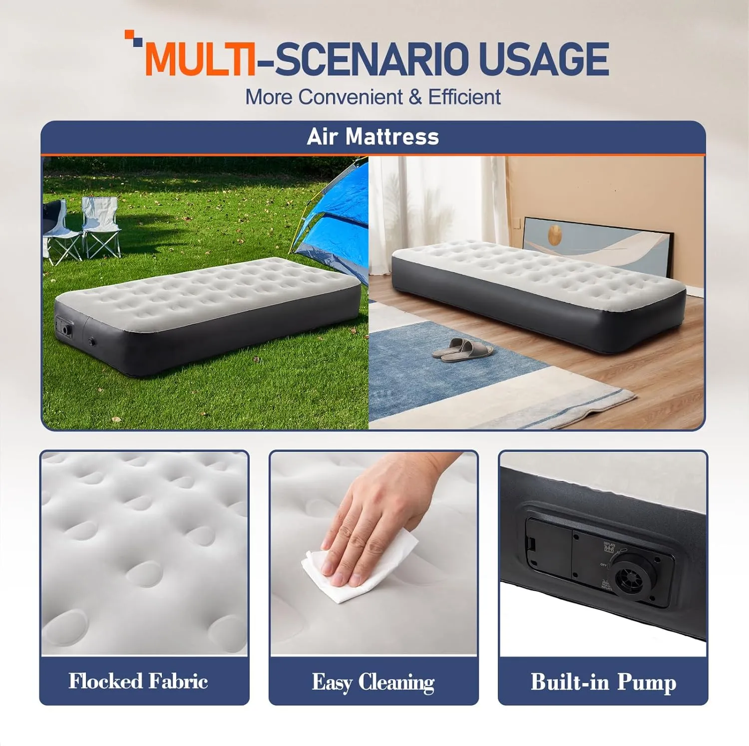 Twin Size Air Mattress with Built-in Pump, Inflatable Bed Blow Up Mattress for Camping