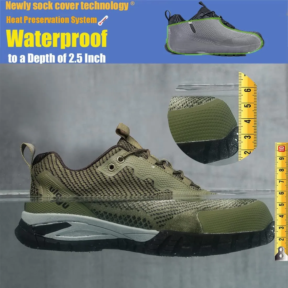 ulogu Waterproof Steel Toe Shoes for Men Comfy Lightweight Non Slip Safety Work Sneakers 6-Month Warranty