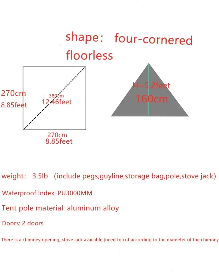 Ultralight Hot Teepee Tent with Stove Jack for 1-2 Person 3.4lb Four-cornered Shape Single Person Tent for Camping Hiking Backpacking - Easy to Set Up