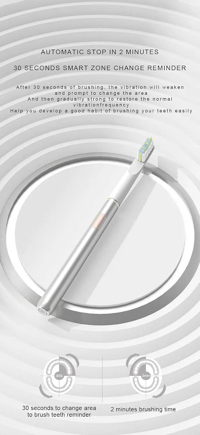 ULTRASONIC Electric Toothbrush, Oral Care Smart Sonic Whitening Rechargeable IPX7 Waterproof Fast Charging Electronic Toothbrush 32000 Strokes/Minutes,with Pressure Sensor.(Silver)