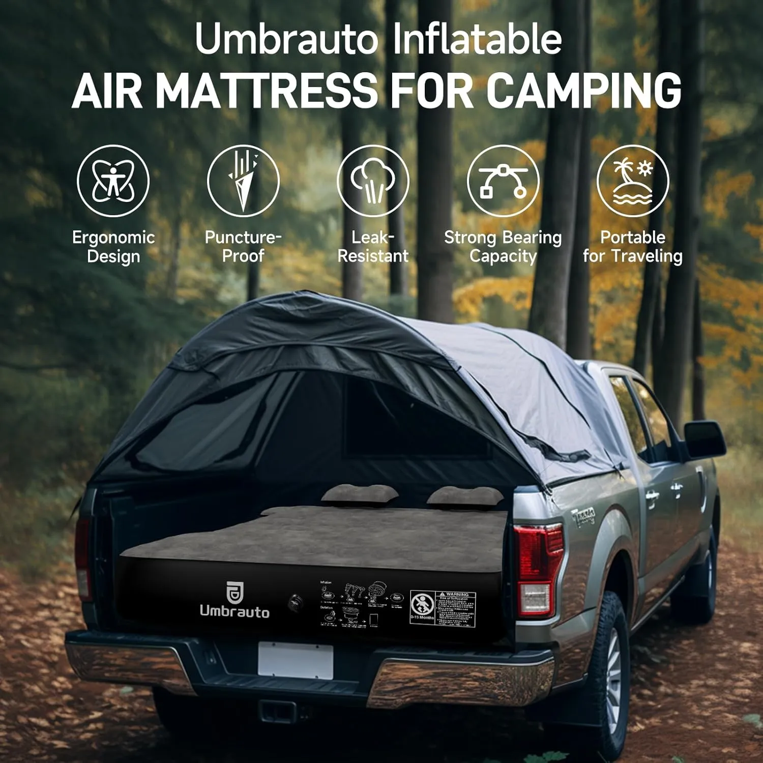 Umbrauto Air Mattress for 5-5.8 ft Full-Size Short Truck Beds, Inflatable Truck Tent Airbed with Pump, Pickup Camper Air Bed for Camping