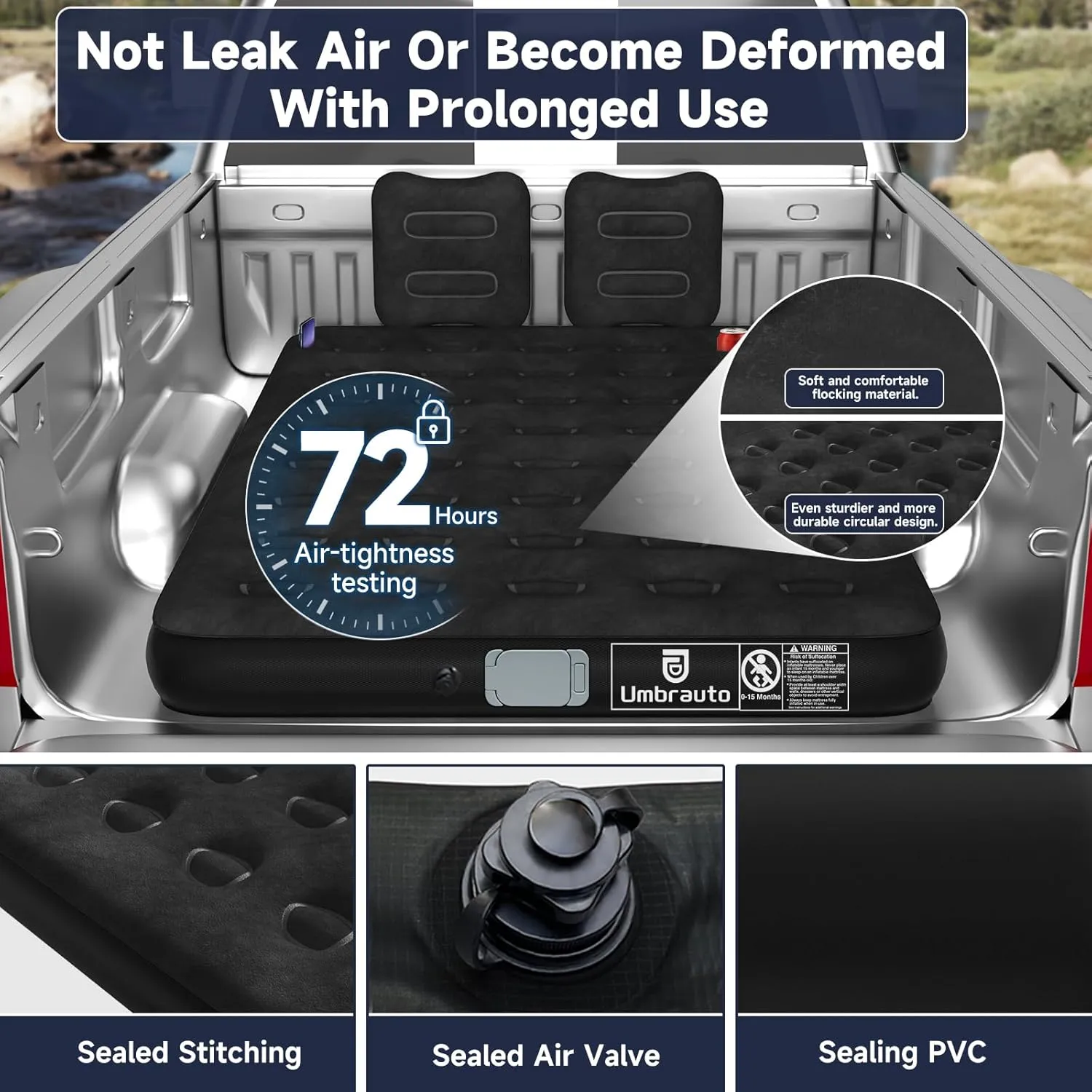 Umbrauto Air Mattress for 5.5-6.5 ft Short Bed Full-Size Trucks, Pickup Truck Airbed Mattress with Wireless Rechargeable Pump for Outdoor Travel