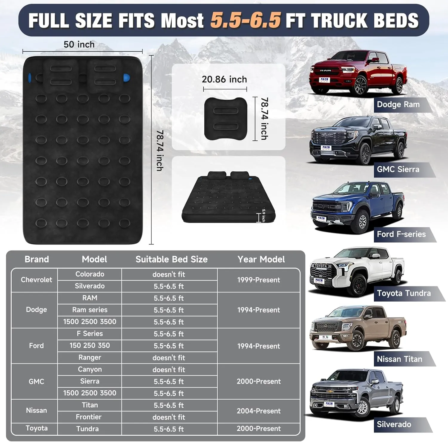 Umbrauto Air Mattress for 5.5-6.5 ft Short Bed Full-Size Trucks, Pickup Truck Airbed Mattress with Wireless Rechargeable Pump for Outdoor Travel