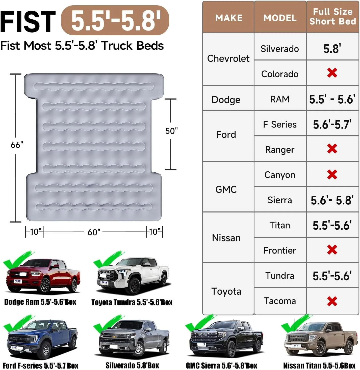 Umbrauto Built-in Pump Air Mattress for 5.5-5.8ft Full Size Short Truck Bed, Self-Inflating Suede Surface Camping Airbed for Tent Outdoor Travel Sleeping