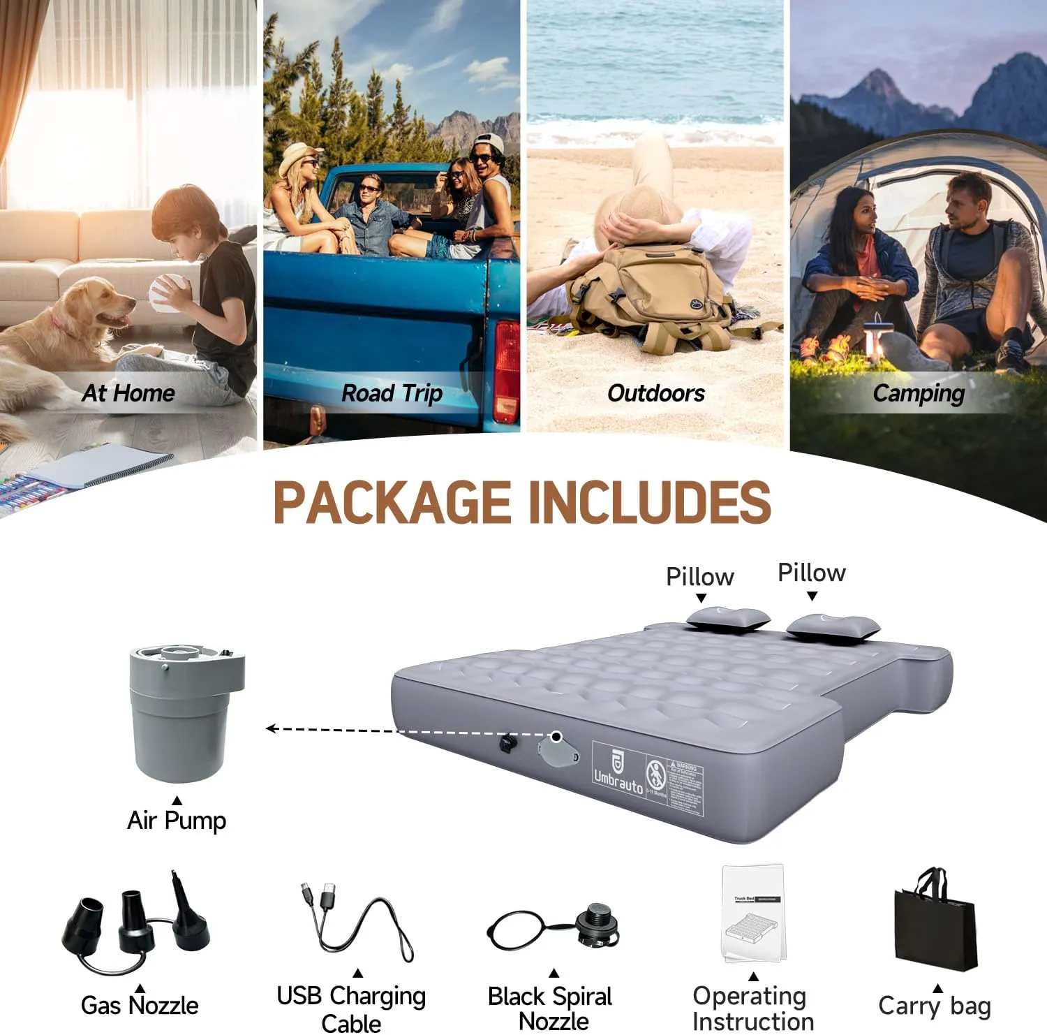 Umbrauto Built-in Pump Air Mattress for 5.5-5.8ft Full Size Short Truck Bed, Self-Inflating Suede Surface Camping Airbed for Tent Outdoor Travel Sleeping