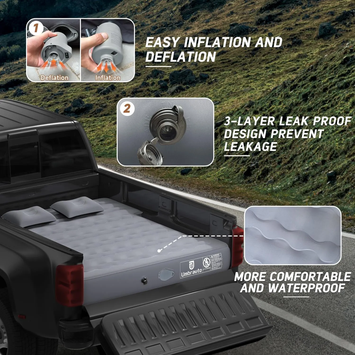 Umbrauto Built-in Pump Air Mattress for 5.5-5.8ft Full Size Short Truck Bed, Self-Inflating Suede Surface Camping Airbed for Tent Outdoor Travel Sleeping