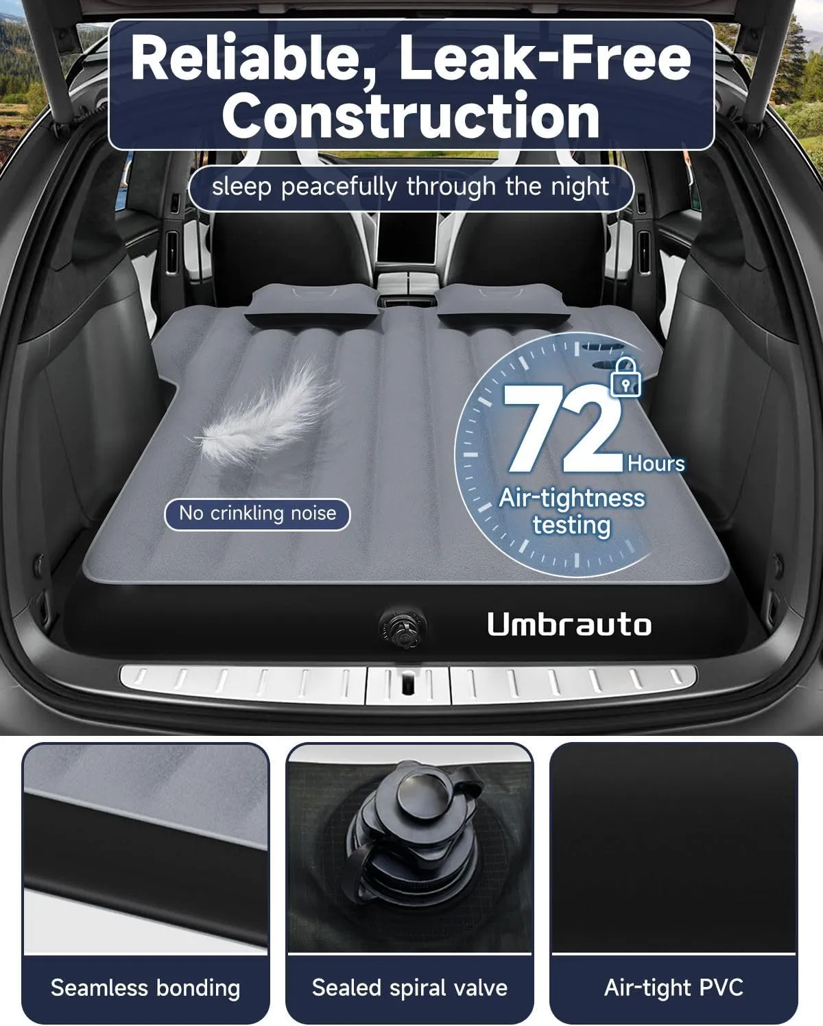 Umbrauto Mattress for Tesla Model Y: Inflatable Camping Air Mattress for SUV Travel, Portable Flocking Surface Sleeping Pad with Air Pump, Repair Patch, Storage Bag, Grey
