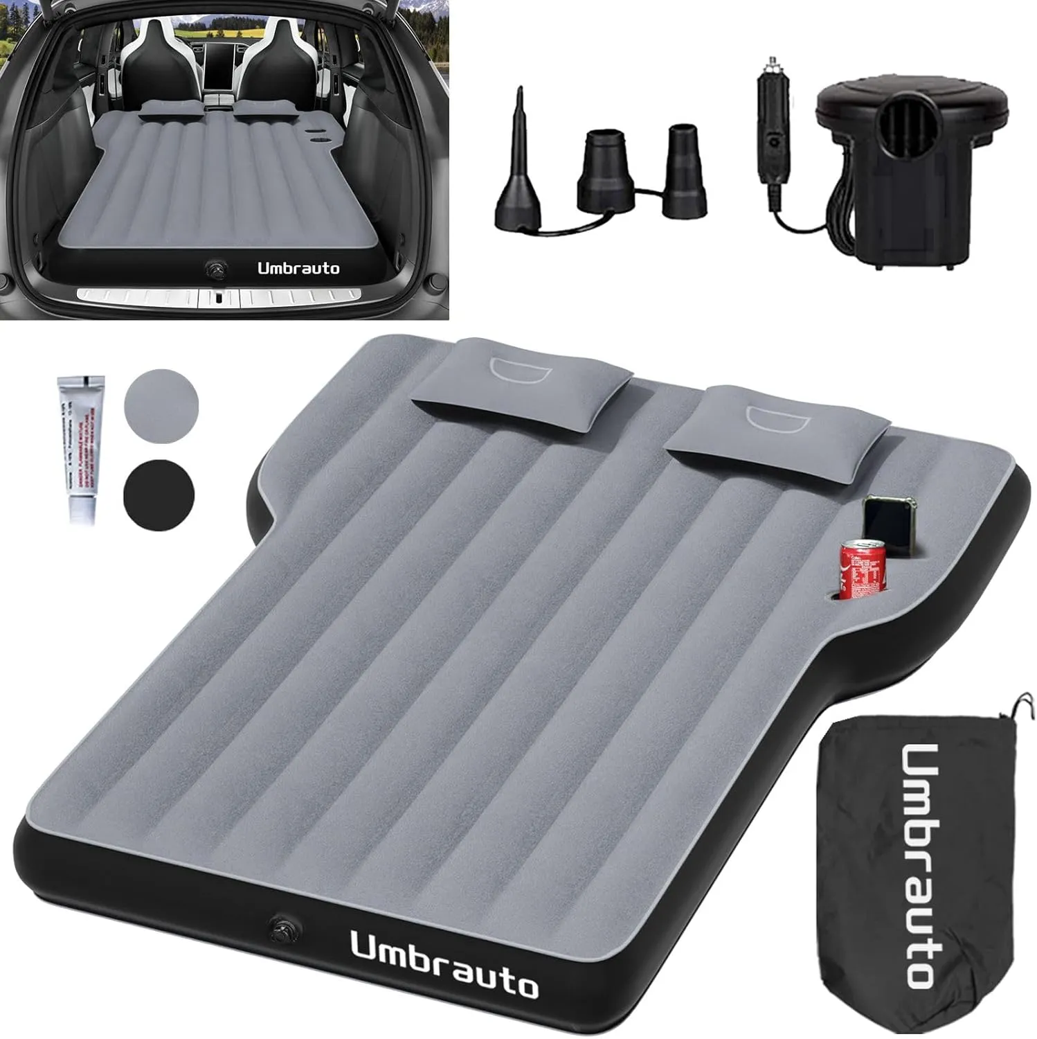 Umbrauto Mattress for Tesla Model Y: Inflatable Camping Air Mattress for SUV Travel, Portable Flocking Surface Sleeping Pad with Air Pump, Repair Patch, Storage Bag, Grey