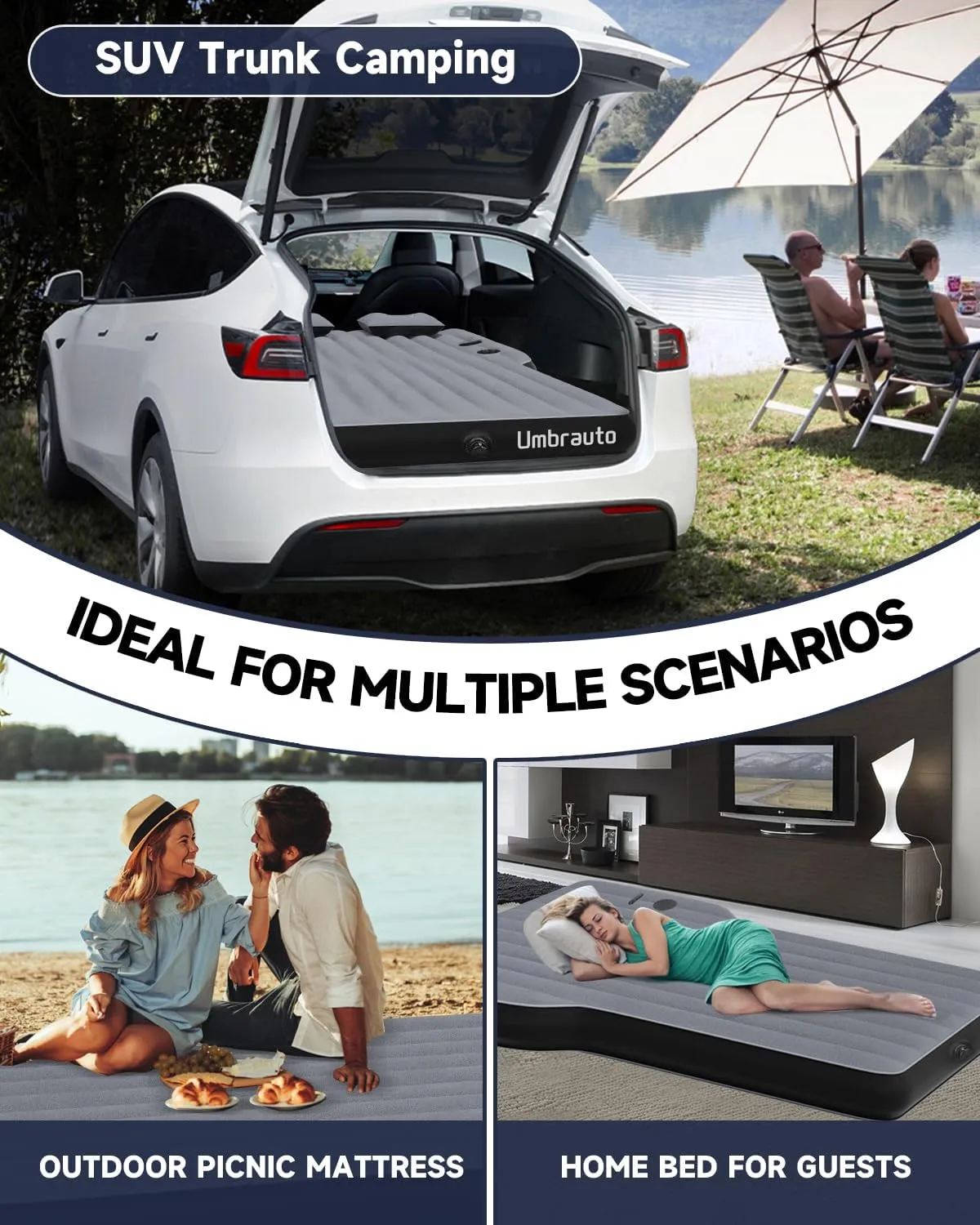 Umbrauto Mattress for Tesla Model Y: Inflatable Camping Air Mattress for SUV Travel, Portable Flocking Surface Sleeping Pad with Air Pump, Repair Patch, Storage Bag, Grey