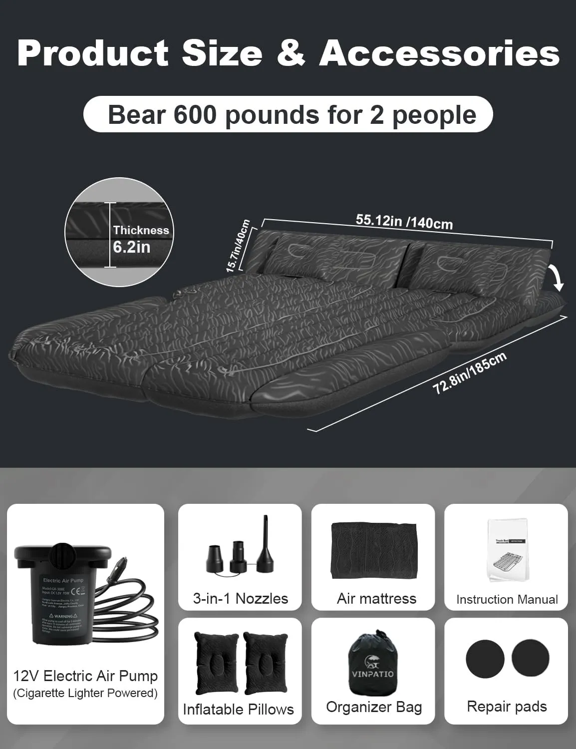 Umbrauto SUV Air Mattress for Trunk: Upgraded Car Camping Mattress with Flocked Surface and Extra Thick Bottom, Van Sleeping Bed for Back Seat with Pump, Nozzle, Repair Patch, Carry Bag