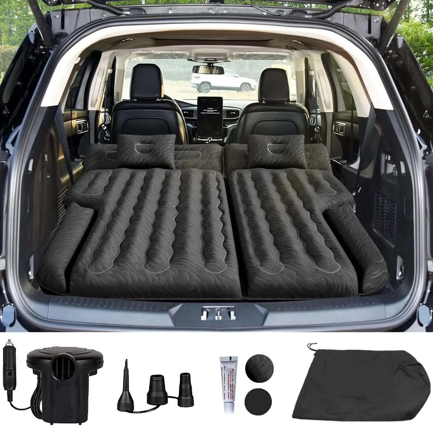 Umbrauto SUV Air Mattress for Trunk: Upgraded Car Camping Mattress with Flocked Surface and Extra Thick Bottom, Van Sleeping Bed for Back Seat with Pump, Nozzle, Repair Patch, Carry Bag