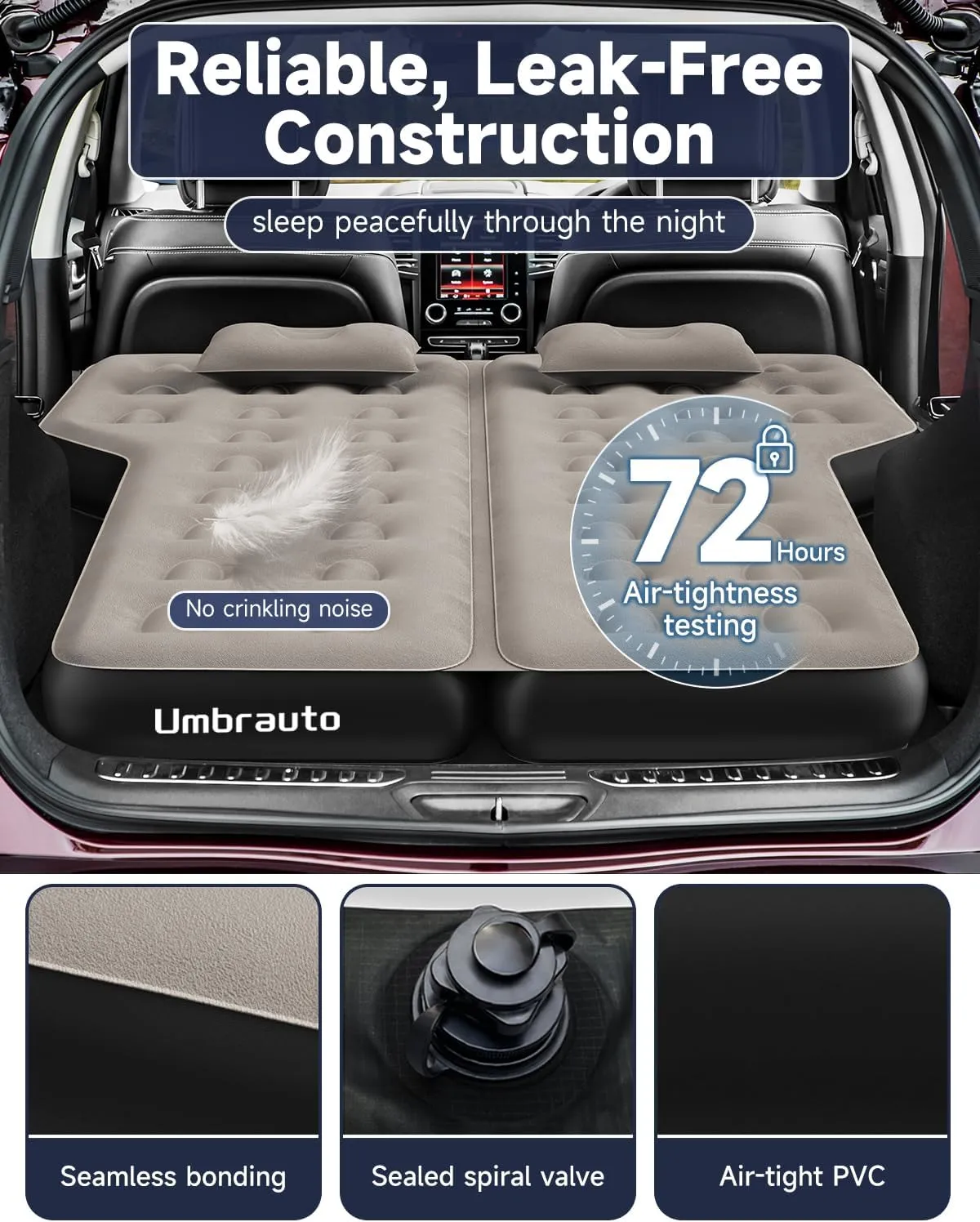 Umbrauto SUV Inflatable Air Mattress: Upgraded Thickened Flocking Car Sleeping Bed for SUV Back Trunk Camping, Car Travel Airbed with Electric Pump, Pillows, Repair Patch Kit