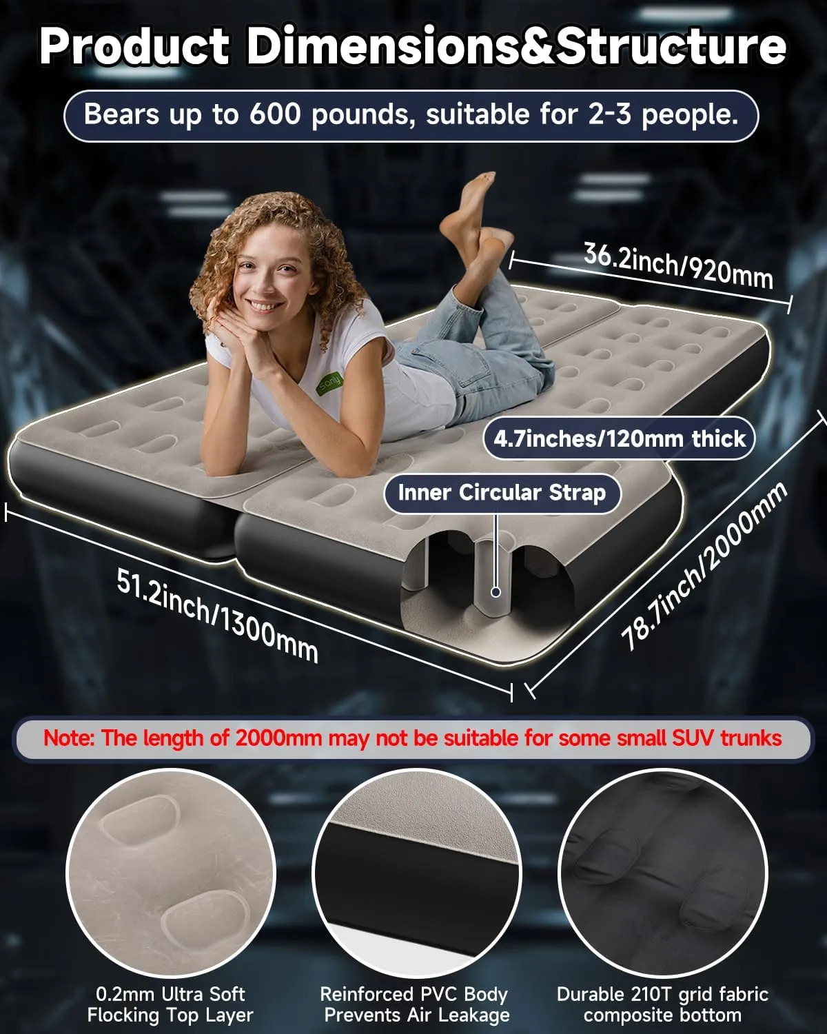 Umbrauto SUV Inflatable Air Mattress: Upgraded Thickened Flocking Car Sleeping Bed for SUV Back Trunk Camping, Car Travel Airbed with Electric Pump, Pillows, Repair Patch Kit