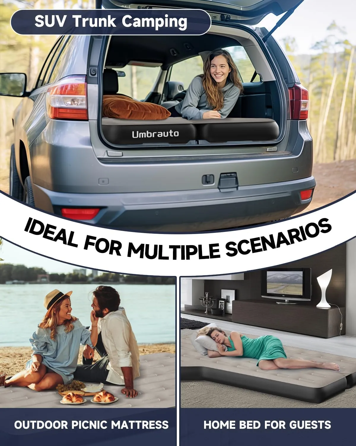 Umbrauto SUV Inflatable Air Mattress: Upgraded Thickened Flocking Car Sleeping Bed for SUV Back Trunk Camping, Car Travel Airbed with Electric Pump, Pillows, Repair Patch Kit