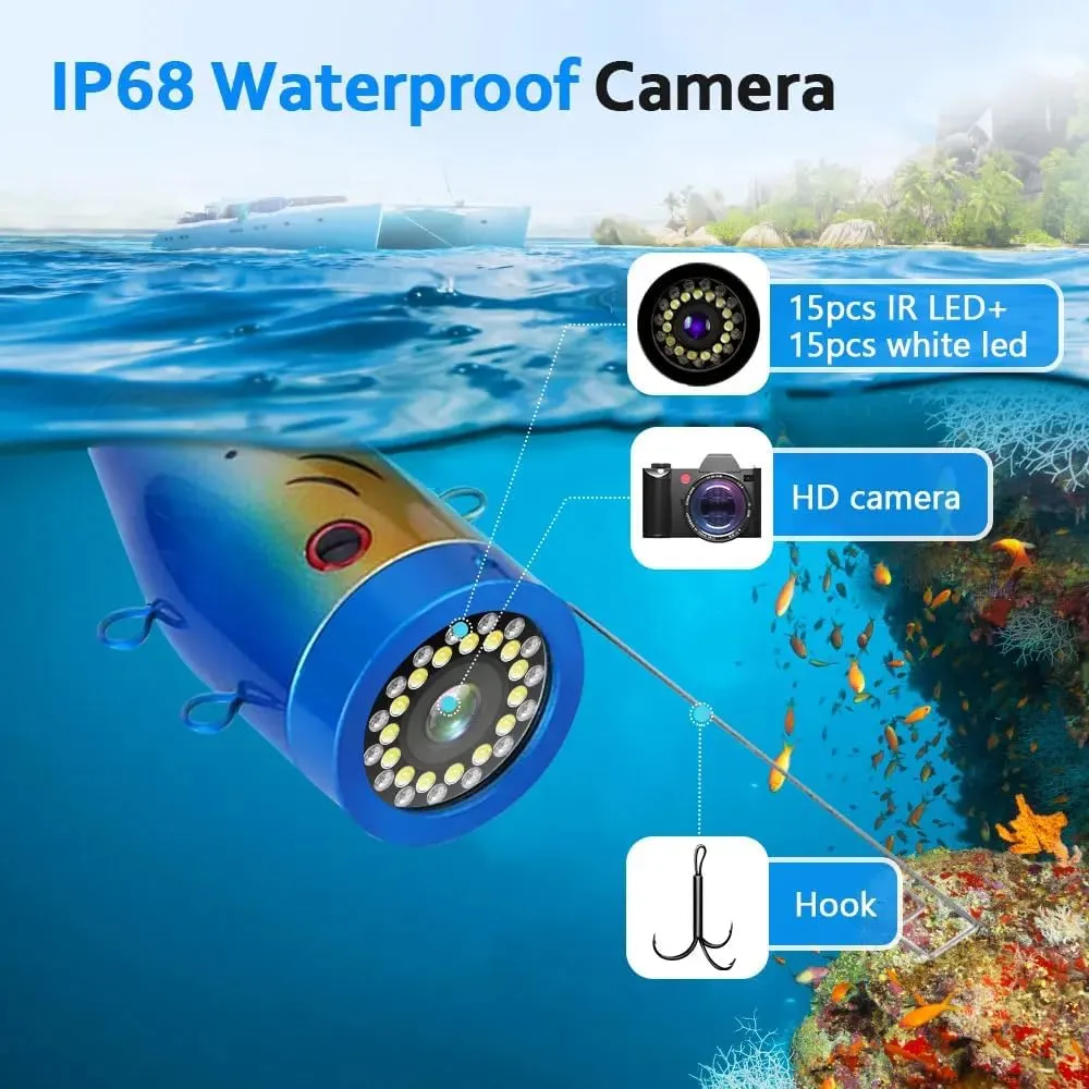Underwater Fishing Camera with 7 Inch LCD Monitor, HD 1000 TVL Portable Fish Finder Camera, 30Pcs Adjustable LED White Lamp Light, 30M Cable Waterproof IP68 Camera for Ice Lake Sea Boat Kayak Fishing