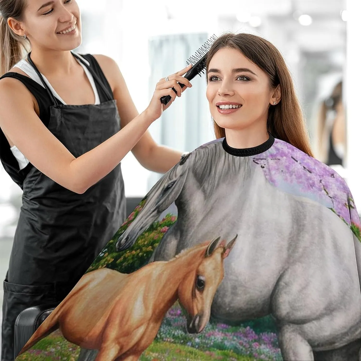 Unisex Quarter Horse Mare and Foal in Spring Art Hair Styling Cape - Full Coverage Hairdressing Apron for Barber Salon, Profession Barbershop Supplies