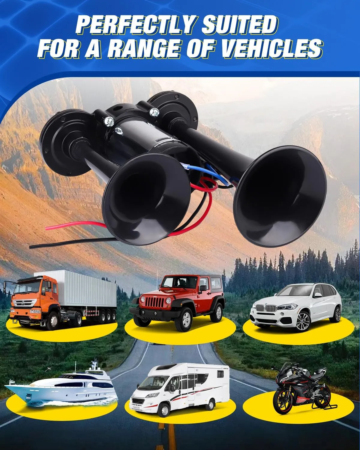 Upgraded 12V 600DB Air Horn Dual Trumpets, Super Loud Truck Train Horns Kit with Air Compressor for Any 12V SUV Motorcycle Trucks Pickup Lorries Trains Cars Boats