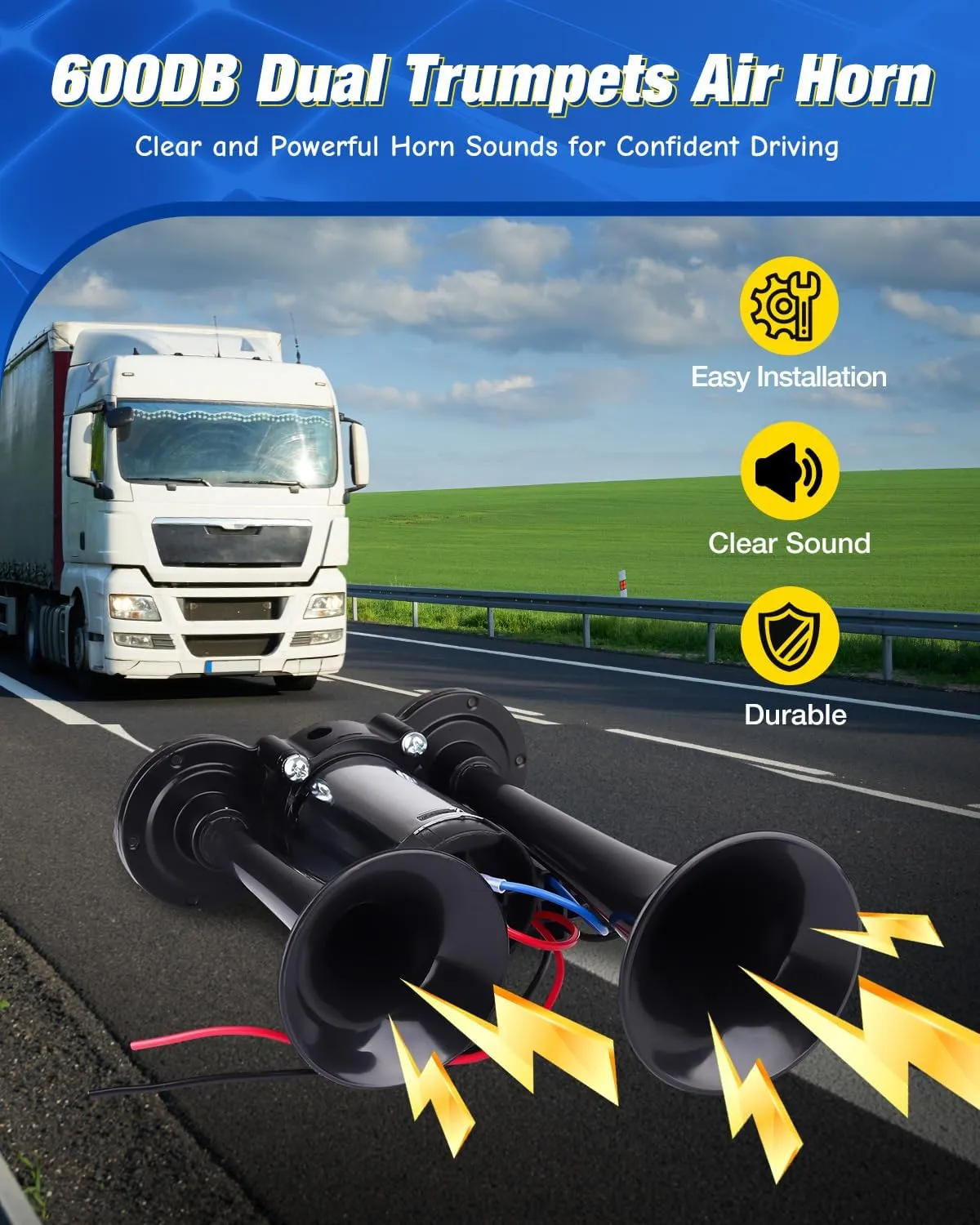 Upgraded 12V 600DB Air Horn Dual Trumpets, Super Loud Truck Train Horns Kit with Air Compressor for Any 12V SUV Motorcycle Trucks Pickup Lorries Trains Cars Boats