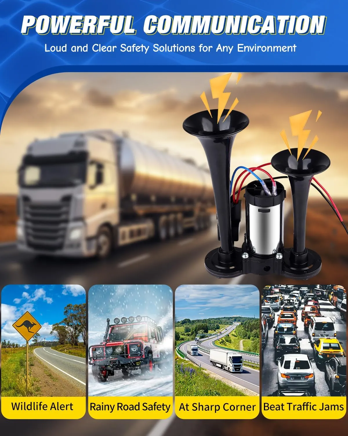 Upgraded 12V 600DB Air Horn Dual Trumpets, Super Loud Truck Train Horns Kit with Air Compressor for Any 12V SUV Motorcycle Trucks Pickup Lorries Trains Cars Boats