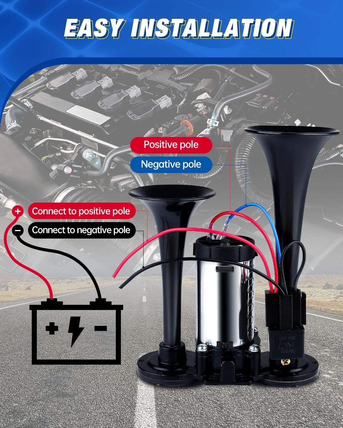 Upgraded 12V 600DB Air Horn Dual Trumpets, Super Loud Truck Train Horns Kit with Air Compressor for Any 12V SUV Motorcycle Trucks Pickup Lorries Trains Cars Boats