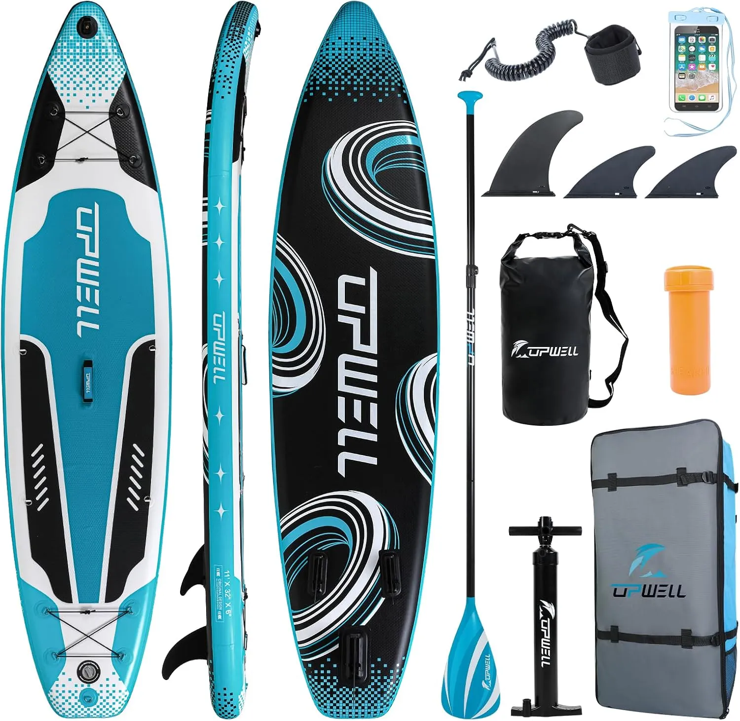 UPWELL 11'2”/11'/10'8”/10'6”/10'2” Inflatable Stand Up Paddle Board with sup Accessories Including Backpack, Repairing Kits, Non-Slip Deck, Leash, 3 Fins, Paddle and Hand Pump