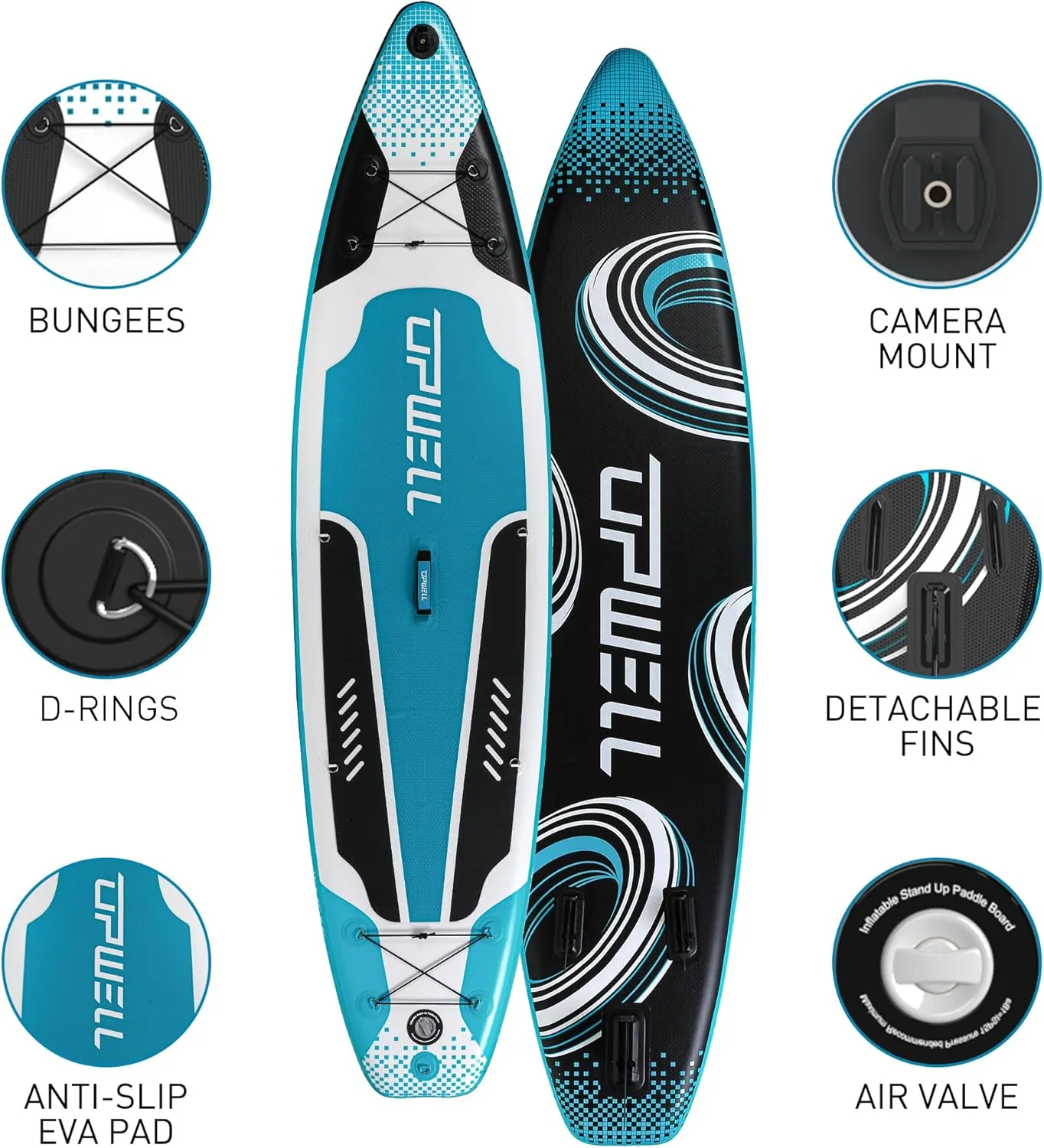 UPWELL 11'2”/11'/10'8”/10'6”/10'2” Inflatable Stand Up Paddle Board with sup Accessories Including Backpack, Repairing Kits, Non-Slip Deck, Leash, 3 Fins, Paddle and Hand Pump