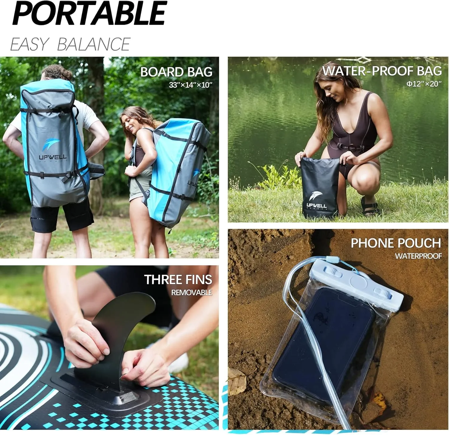 UPWELL 11'2”/11'/10'8”/10'6”/10'2” Inflatable Stand Up Paddle Board with sup Accessories Including Backpack, Repairing Kits, Non-Slip Deck, Leash, 3 Fins, Paddle and Hand Pump