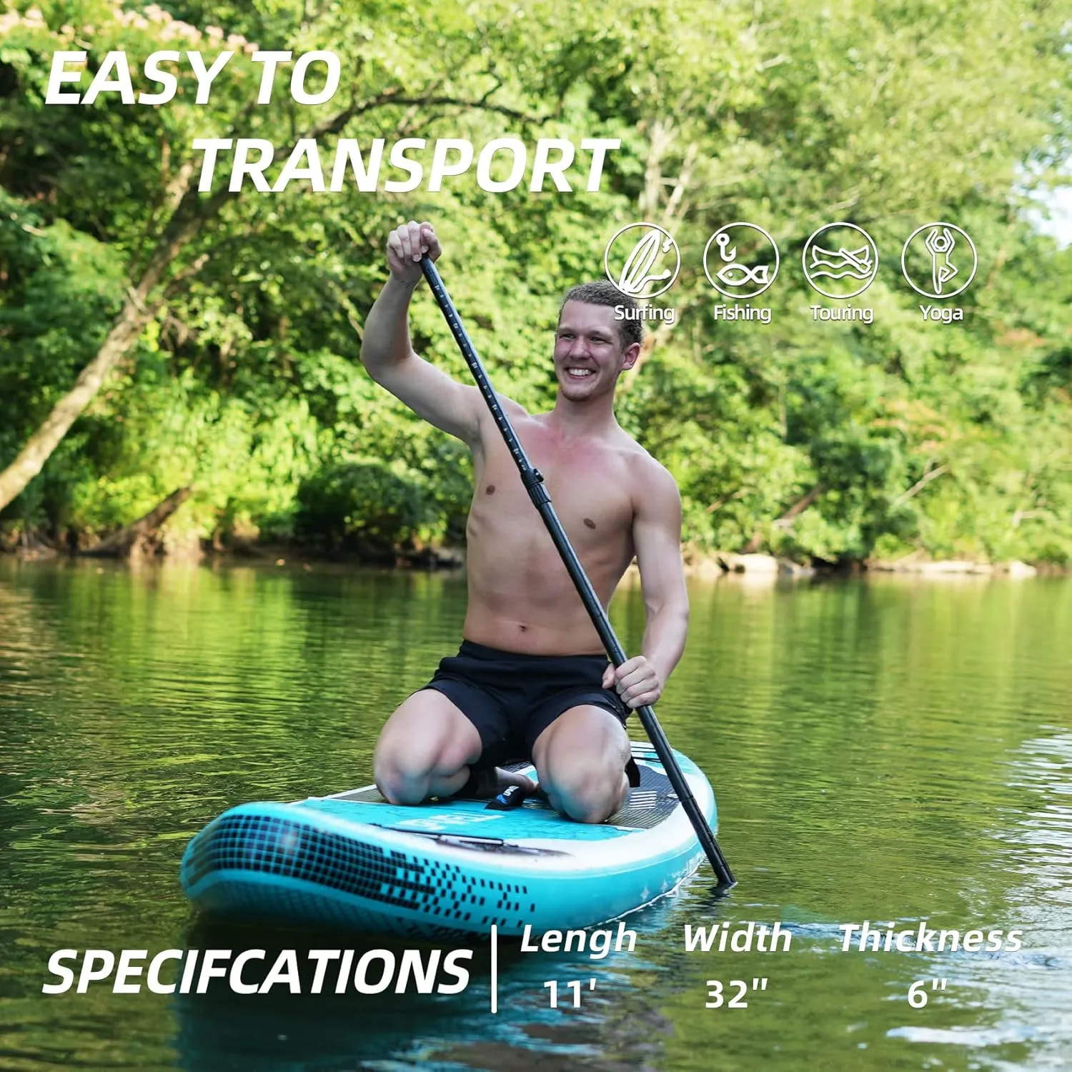 UPWELL 11'2”/11'/10'8”/10'6”/10'2” Inflatable Stand Up Paddle Board with sup Accessories Including Backpack, Repairing Kits, Non-Slip Deck, Leash, 3 Fins, Paddle and Hand Pump