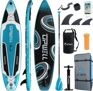 UPWELL 11'2”/11'/10'8”/10'6”/10'2” Inflatable Stand Up Paddle Board with sup Accessories Including Backpack, Repairing Kits, Non-Slip Deck, Leash, 3 Fins, Paddle and Hand Pump