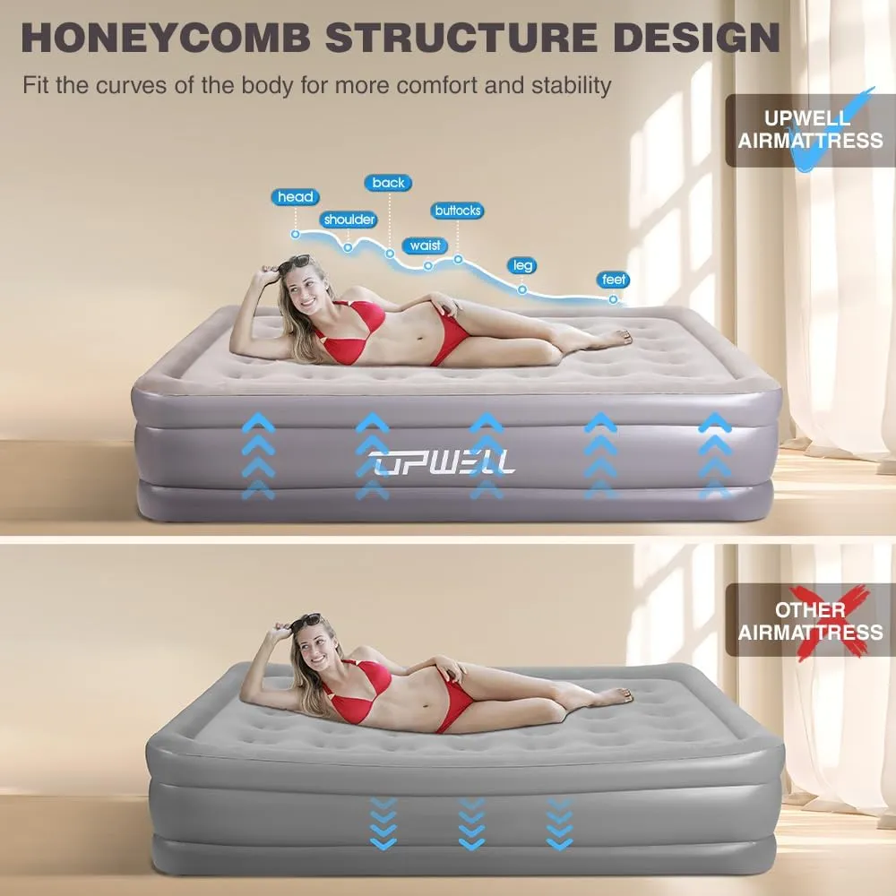 UPWELL Inflatable Air Mattress Queen with Built in Pump Comfort Blow up Bed Waterproof Fast&Easy Set up Dura Beam Strong Support Mattress for Home Guests & Camping Grey