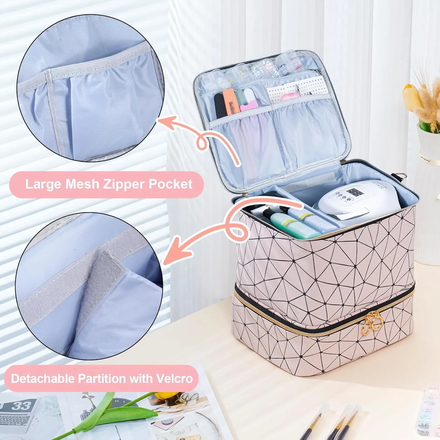 Uross Nail Polish Organizer Bag Holds 30 Bottles - Nail Kit Storage Case - Lightpink