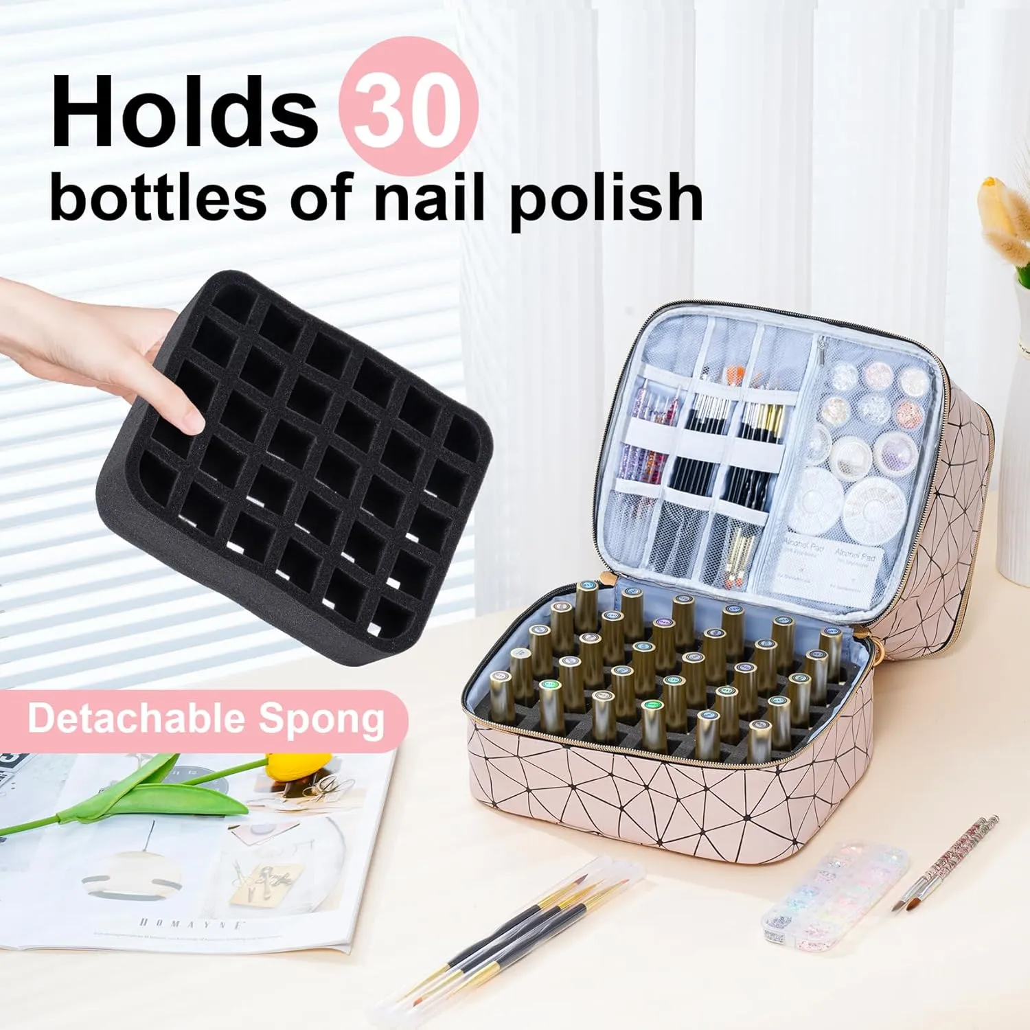 Uross Nail Polish Organizer Bag Holds 30 Bottles - Nail Kit Storage Case - Lightpink