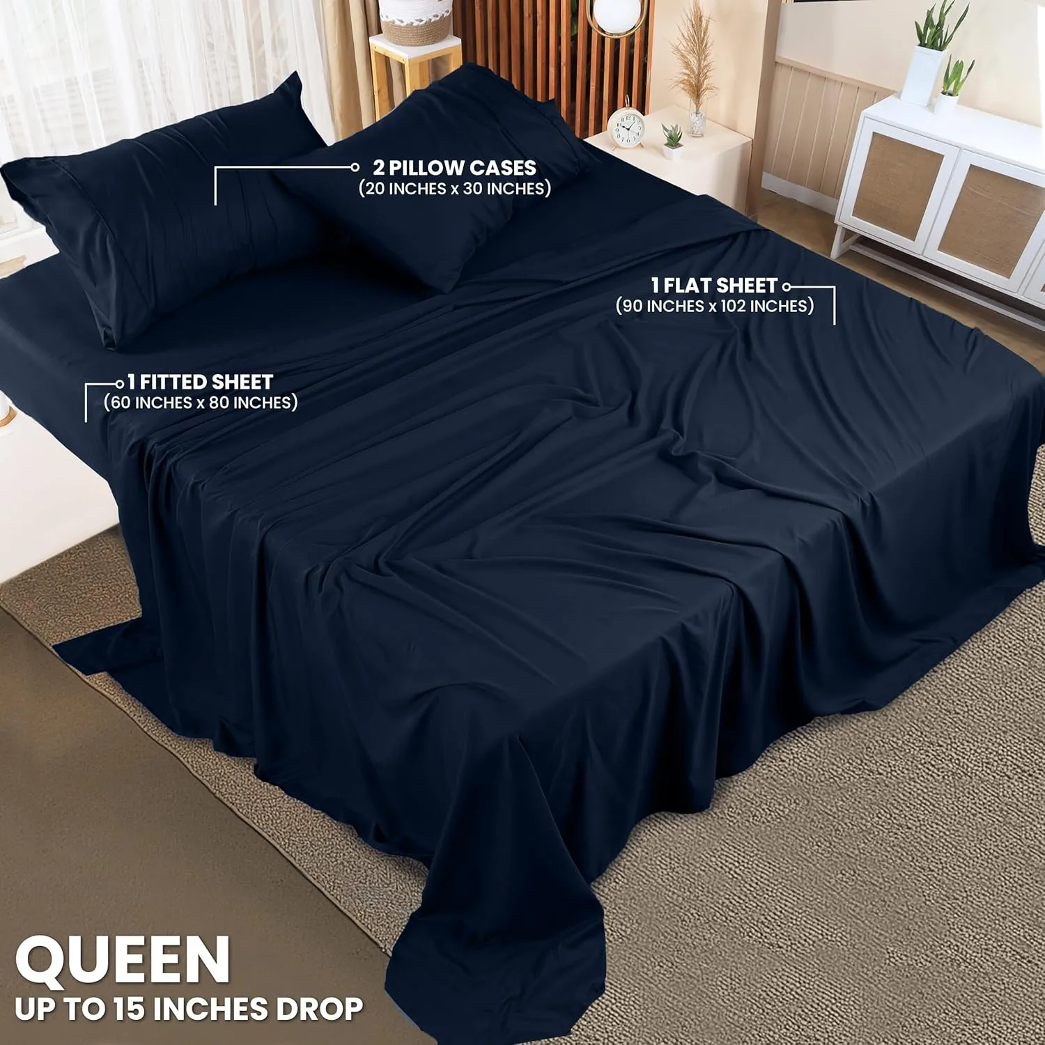 Utopia Bedding Queen Bed Sheets Set - 4 Piece Bedding - Brushed Microfiber - Shrinkage and Fade Resistant - Easy Care (Queen, Navy Blue)