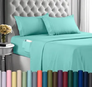 Utopia Bedding Queen Sheet Set, Soft Microfiber 4 Piece Hotel Luxury Bed Sheets for Women, Men, Kids & Teens with Side Storage Deep Pocket Fitted Sheet-Pillow Cases - Flat Sheet (Spa Blue)