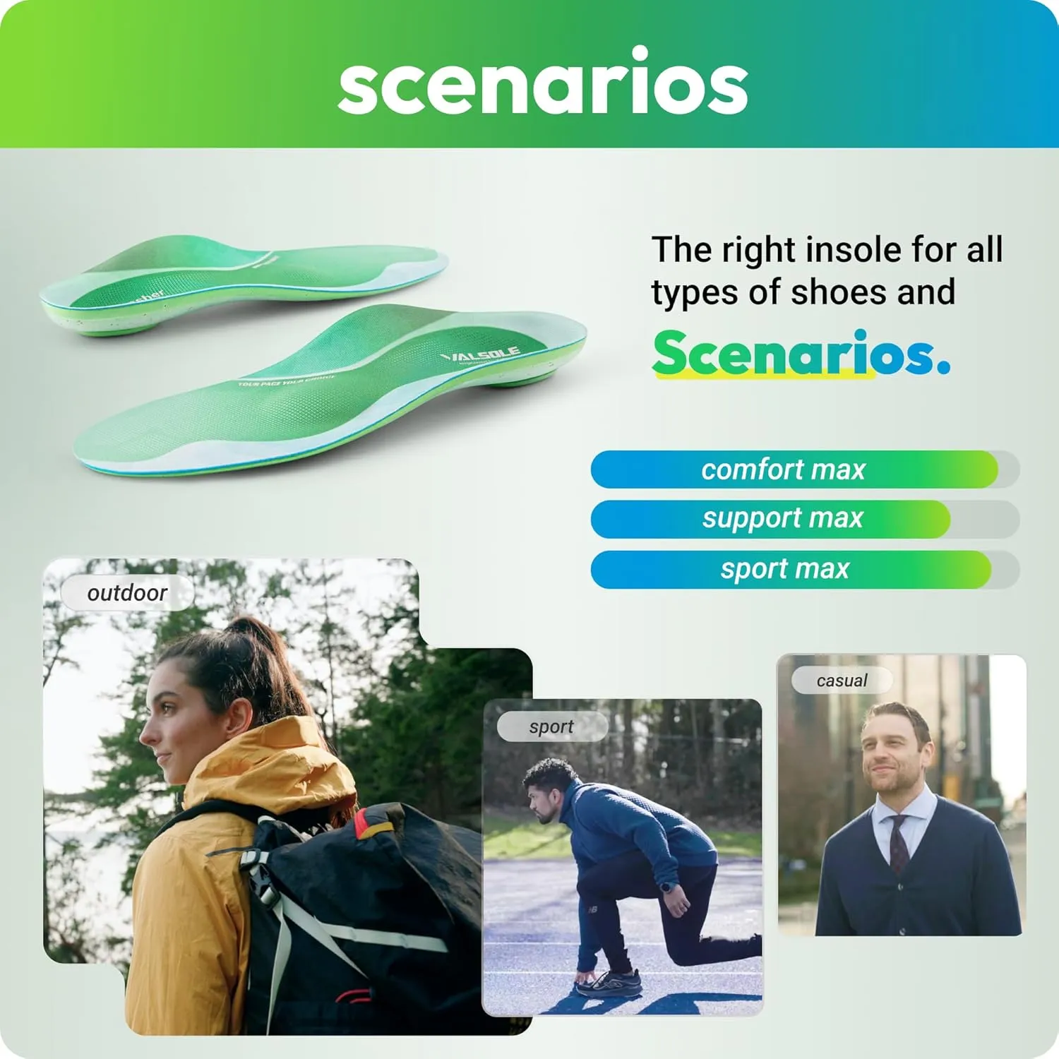 VALSOLE Comfort Insoles for Men Women - Insoles for Running Shoes – Arch Support Inserts for Heel Pain - Plantar Fasciitis - Forefoot Pain - All Day Superior Comfort Ecodasher Lite Insoles - Green M