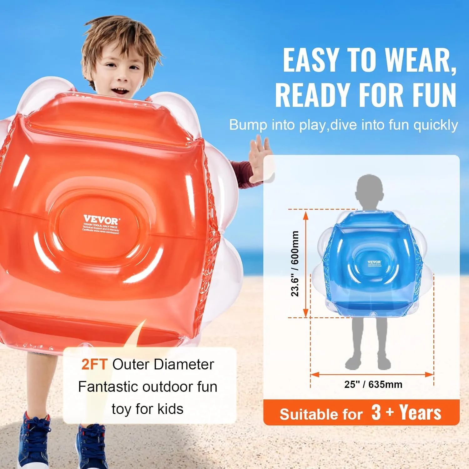 VEVOR Inflatable Bumper Balls - 2-Pack; 2FT/3FT/4FT/5FT Body Size Adult Human Bubble Balls for Christmas Gift; 0.8mm Thick PVC