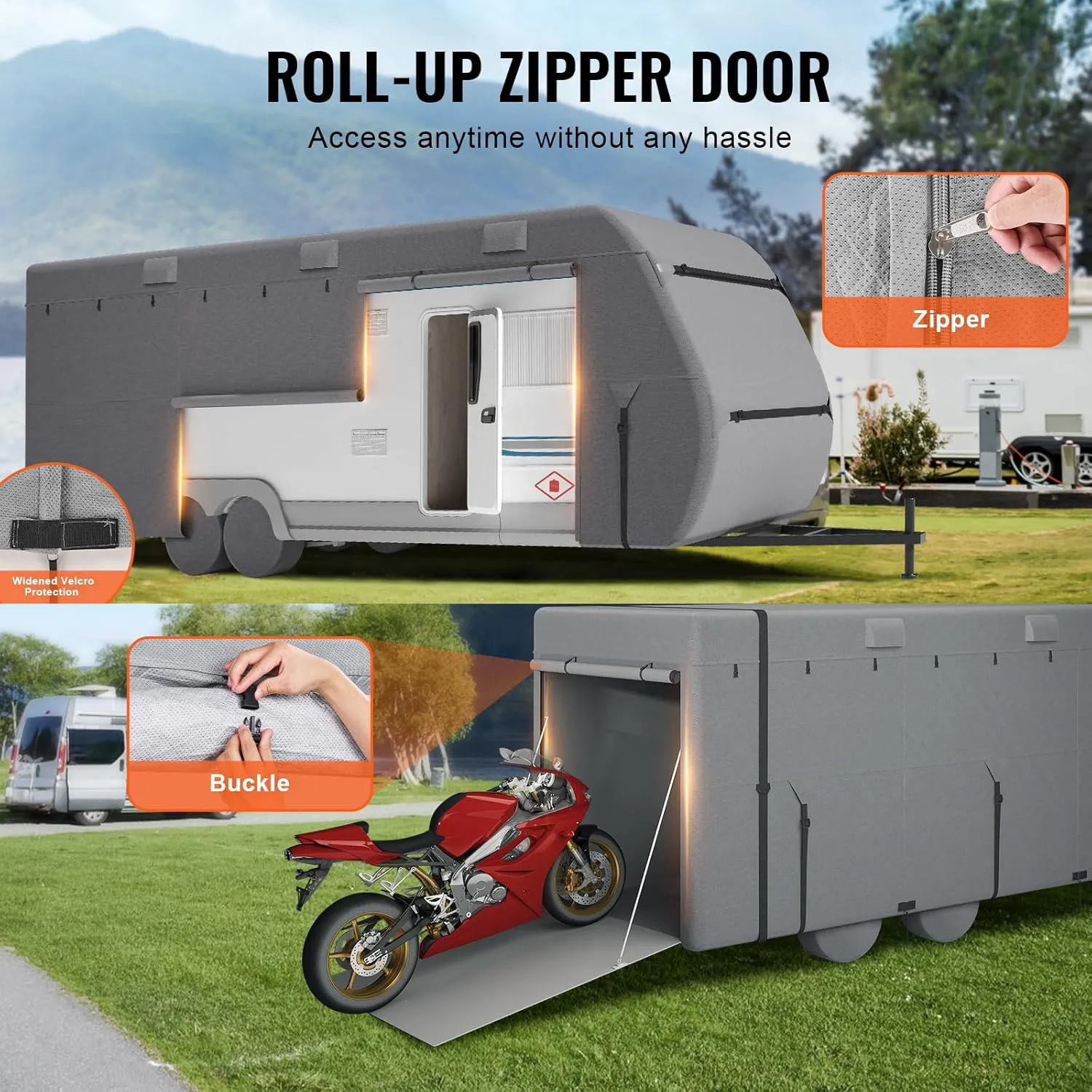 VEVOR Travel Trailer Cover, 20-22 ft RV, 4-Layer Non-Woven Fabric Camper, Waterproof, Windproof and Rip-Stop Class A, With Storage Bag, Repair Patches, Straps and Tire Covers