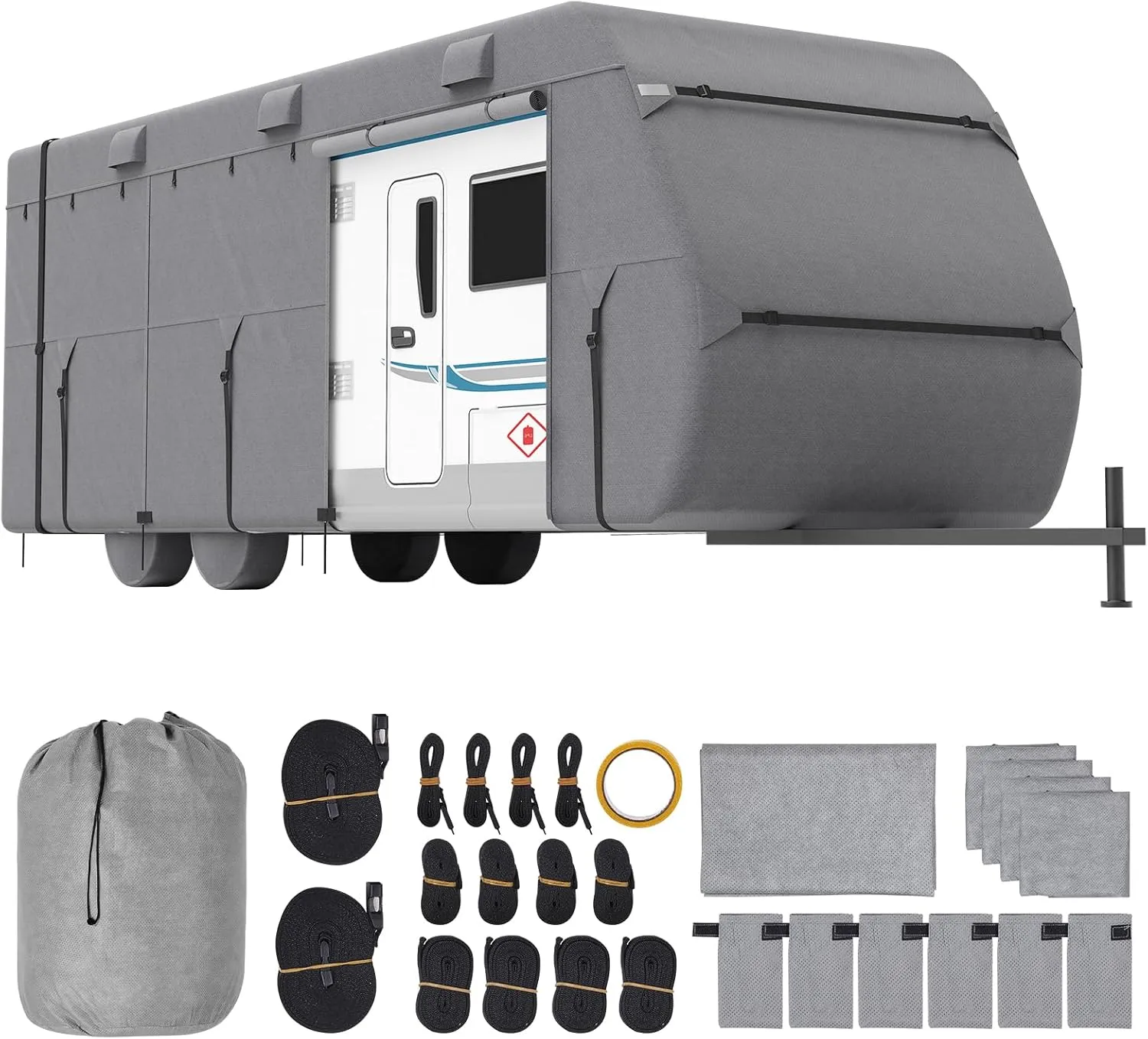 VEVOR Travel Trailer Cover, 20-22 ft RV, 4-Layer Non-Woven Fabric Camper, Waterproof, Windproof and Rip-Stop Class A, With Storage Bag, Repair Patches, Straps and Tire Covers