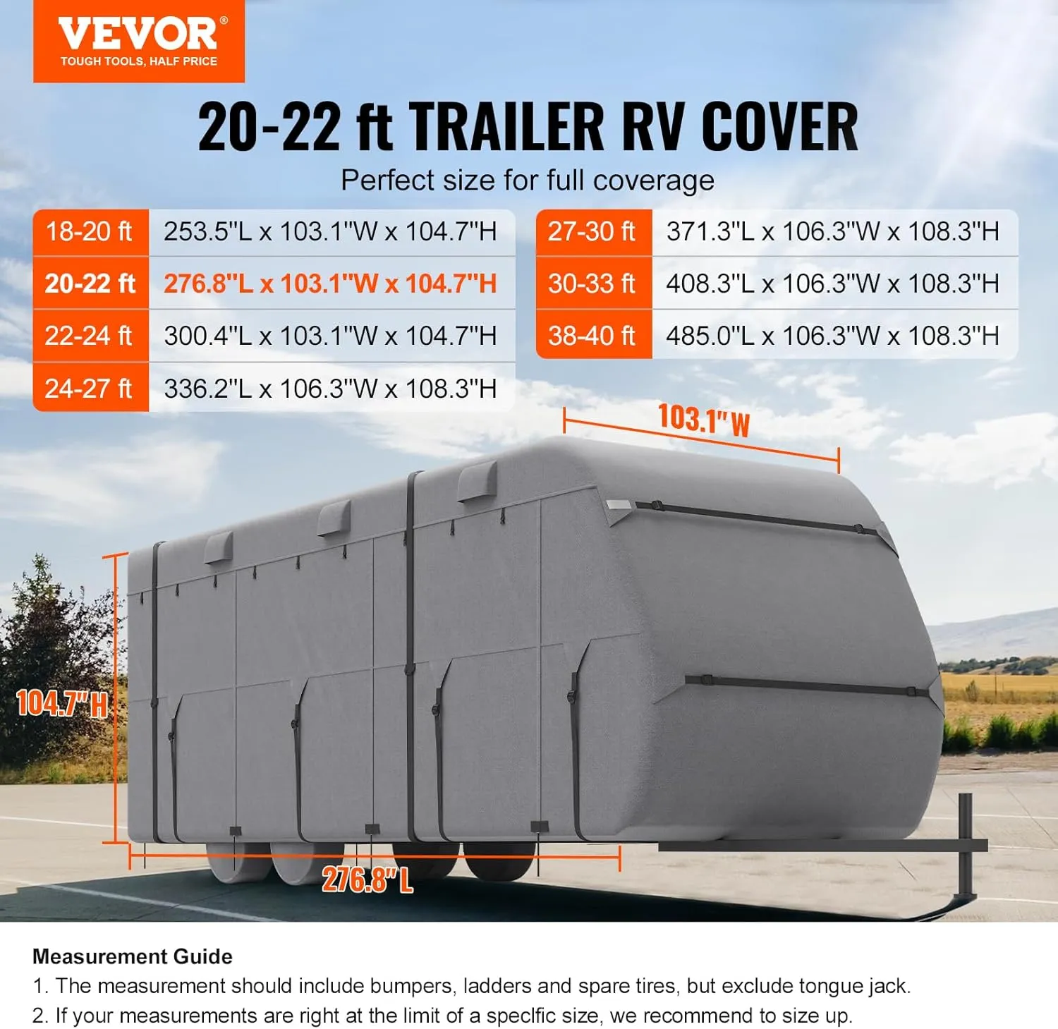 VEVOR Travel Trailer Cover, 20-22 ft RV, 4-Layer Non-Woven Fabric Camper, Waterproof, Windproof and Rip-Stop Class A, With Storage Bag, Repair Patches, Straps and Tire Covers