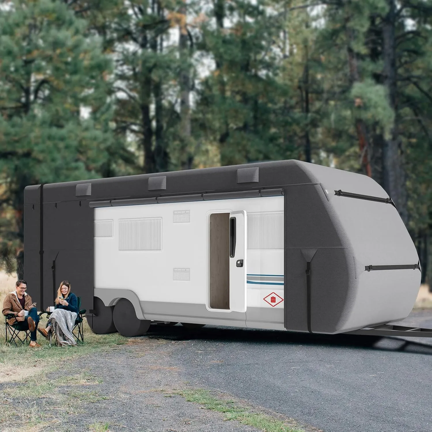 VEVOR Travel Trailer Cover, 20-22 ft RV, 4-Layer Non-Woven Fabric Camper, Waterproof, Windproof and Rip-Stop Class A, With Storage Bag, Repair Patches, Straps and Tire Covers