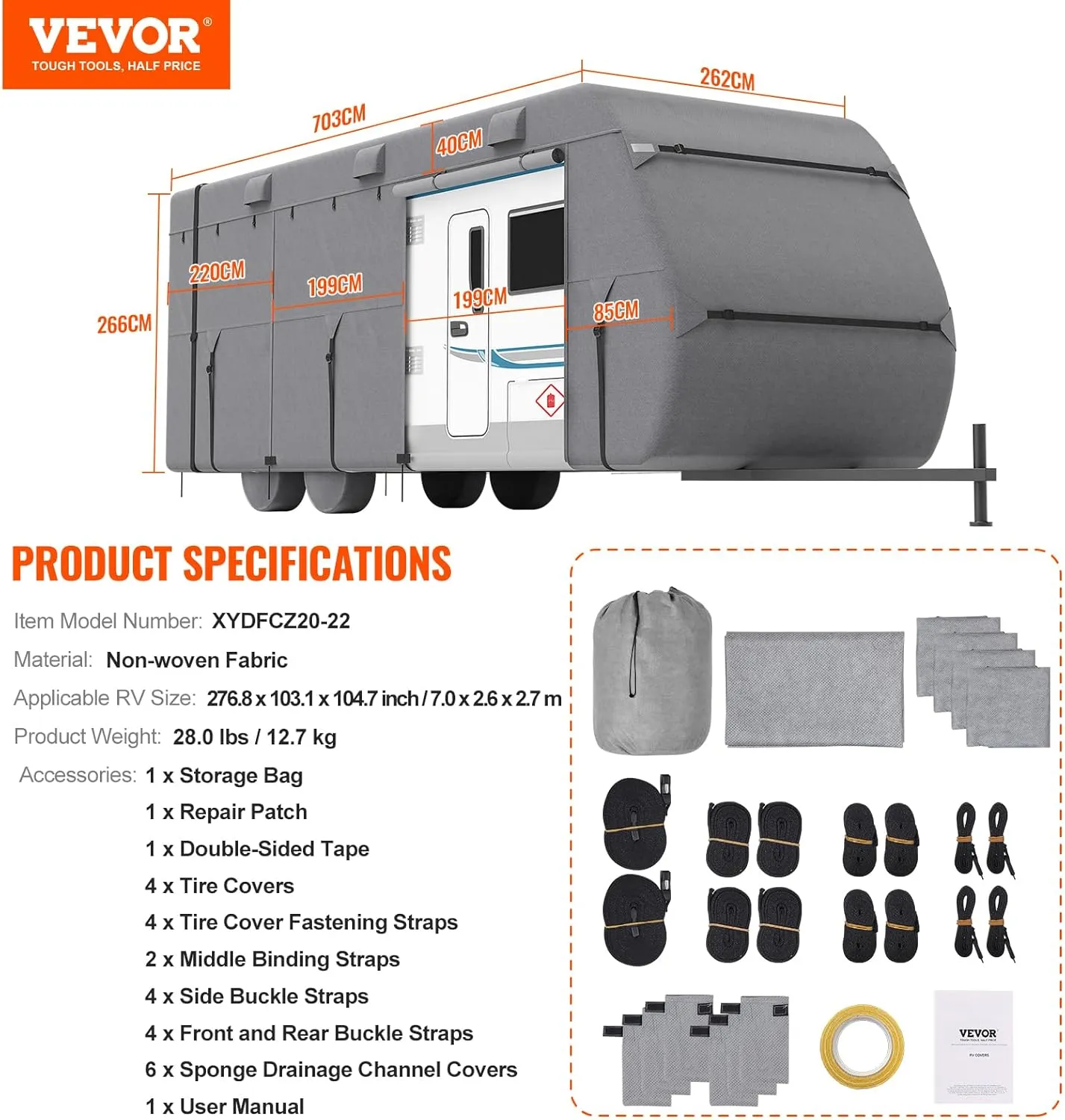 VEVOR Travel Trailer Cover, 20-22 ft RV, 4-Layer Non-Woven Fabric Camper, Waterproof, Windproof and Rip-Stop Class A, With Storage Bag, Repair Patches, Straps and Tire Covers