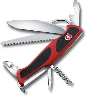 Victorinox Ranger 79 M Grip Swiss Army Knife, 12 Functions, Swiss Made Pocket Knife with Wood Saw, Large Lock Blade and Toothpick - Red/Black